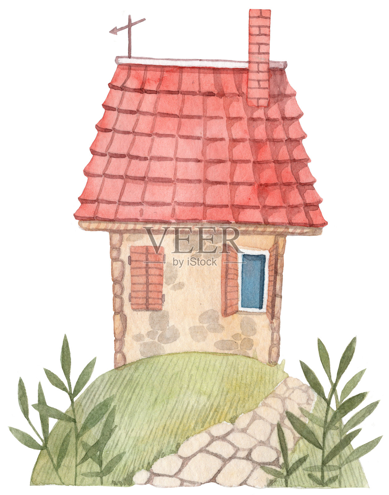 水彩手绘小房子，屋顶瓦，草坪设计元素图片