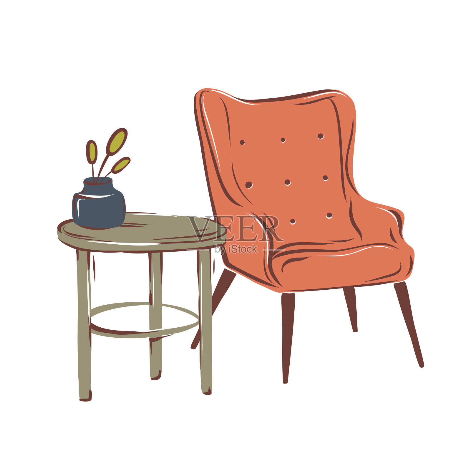 矢量手绘插图的内部。椅子，桌子，舒适的家。巨大的。孤立的背景。插画图片素材