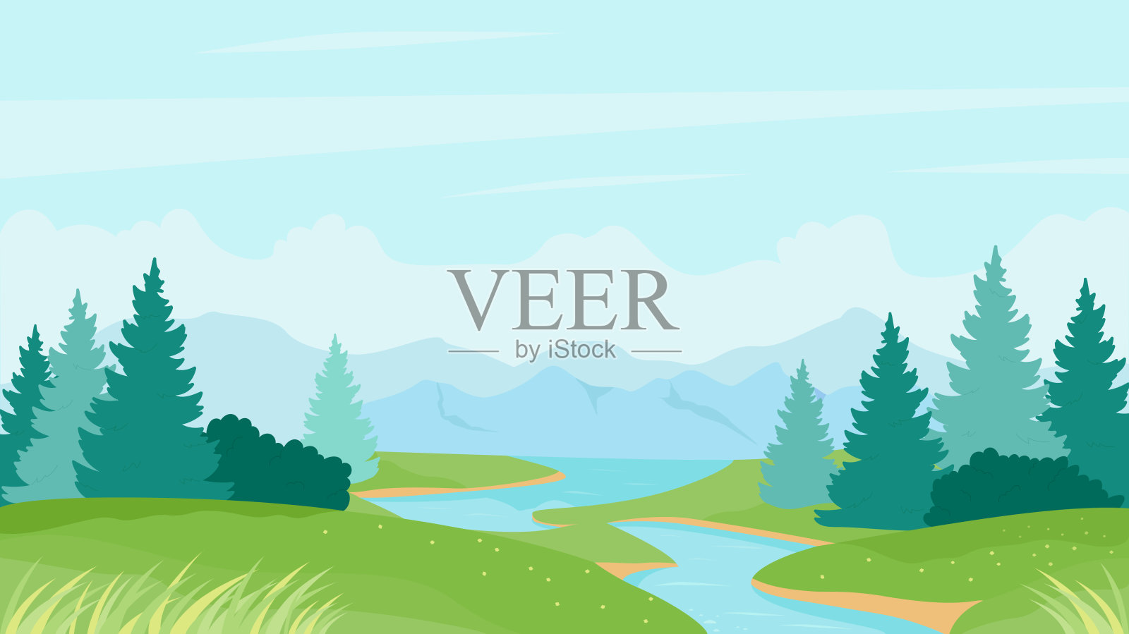 河流夏季景观，卡通自然宁静的景色与平静的河水，绿色的草山插画图片素材