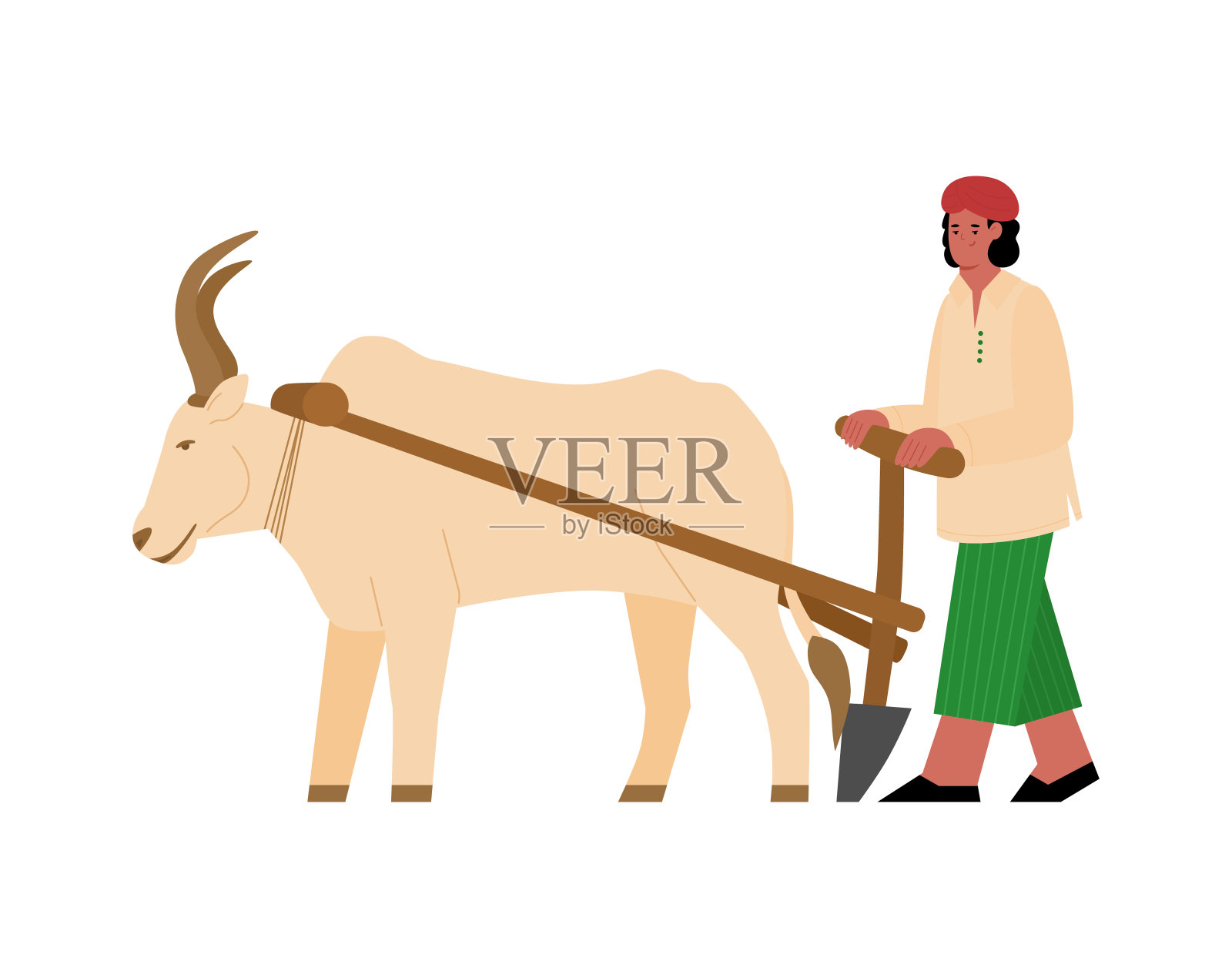 矢量插图与印度农民犁地和利用水牛插画图片素材