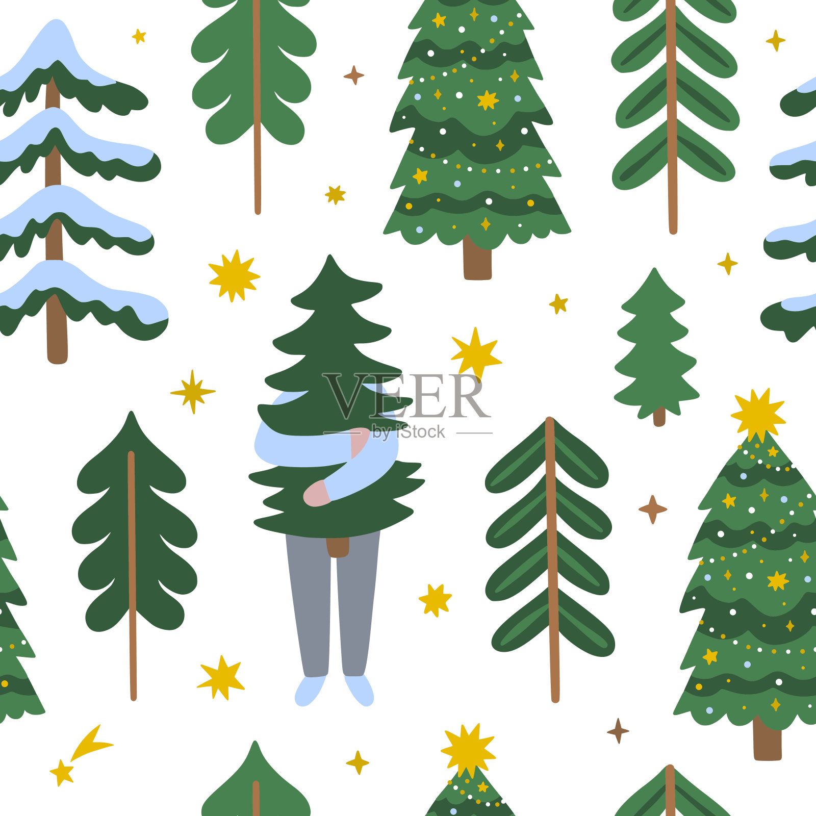 无缝圣诞图案与圣诞树。可爱的寒假背景。圣诞快乐和新年快乐矢量图案插画图片素材