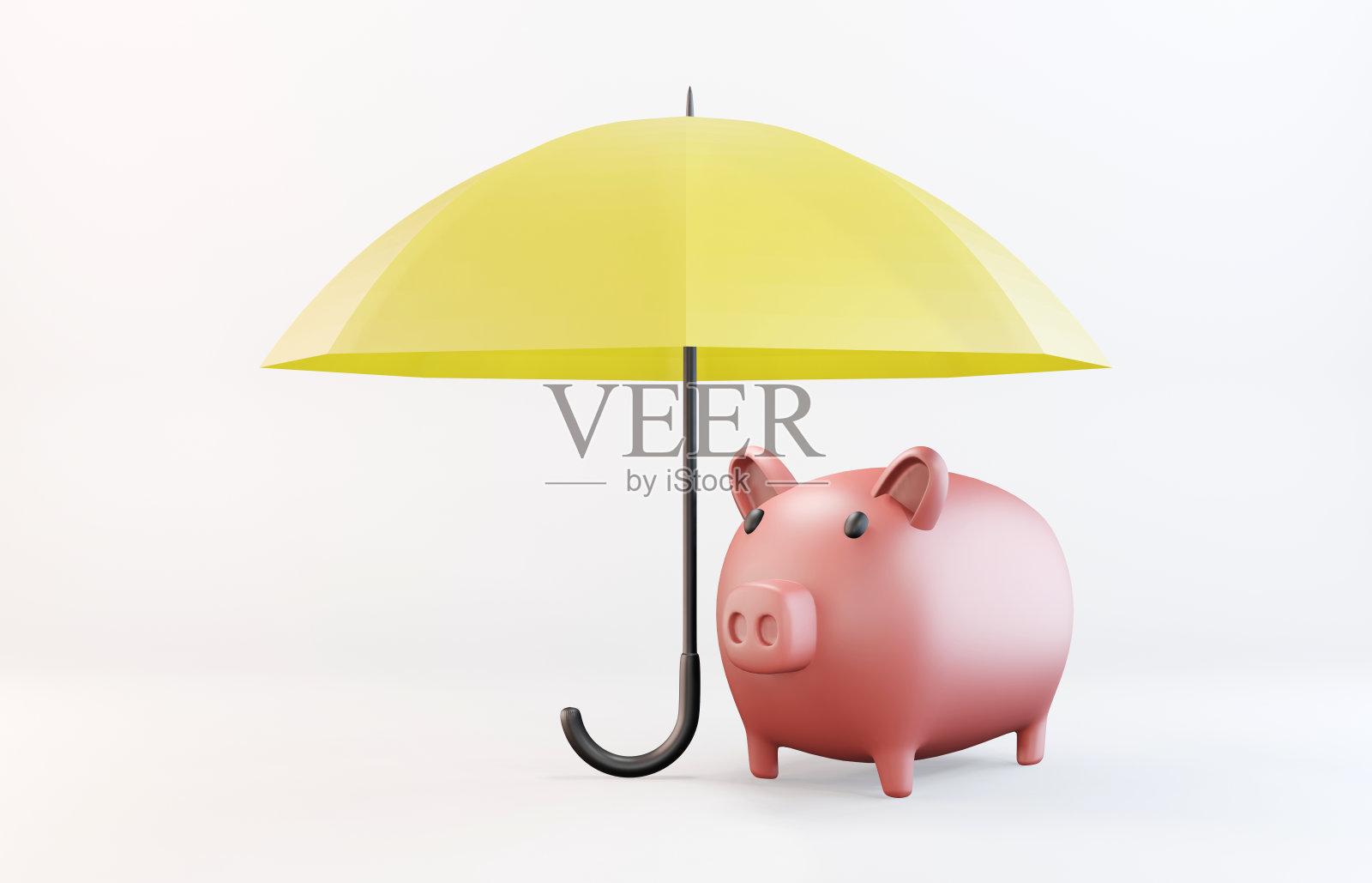 投资和保险概念。粉红色的储蓄罐站在黄色的伞下。照片摄影图片