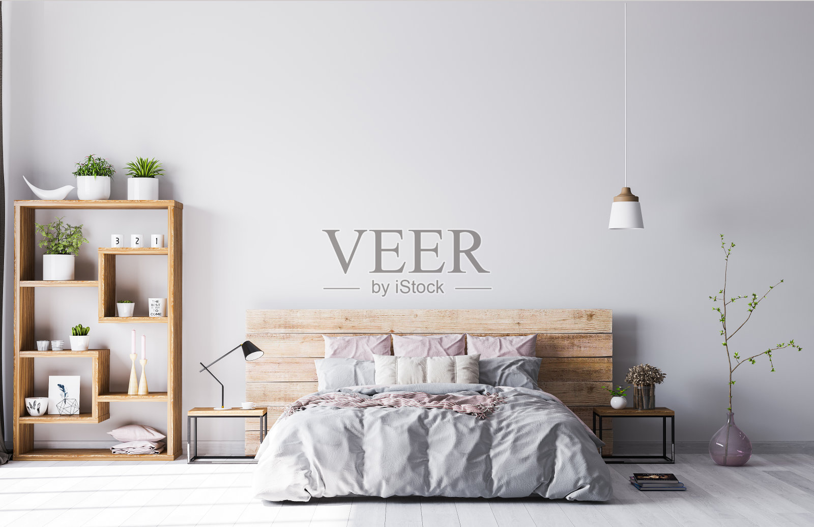舒适的卧室区域在木制公寓与木制舒适的床和绿色植物。模拟在斯堪的纳维亚家庭内部。库存图片照片摄影图片