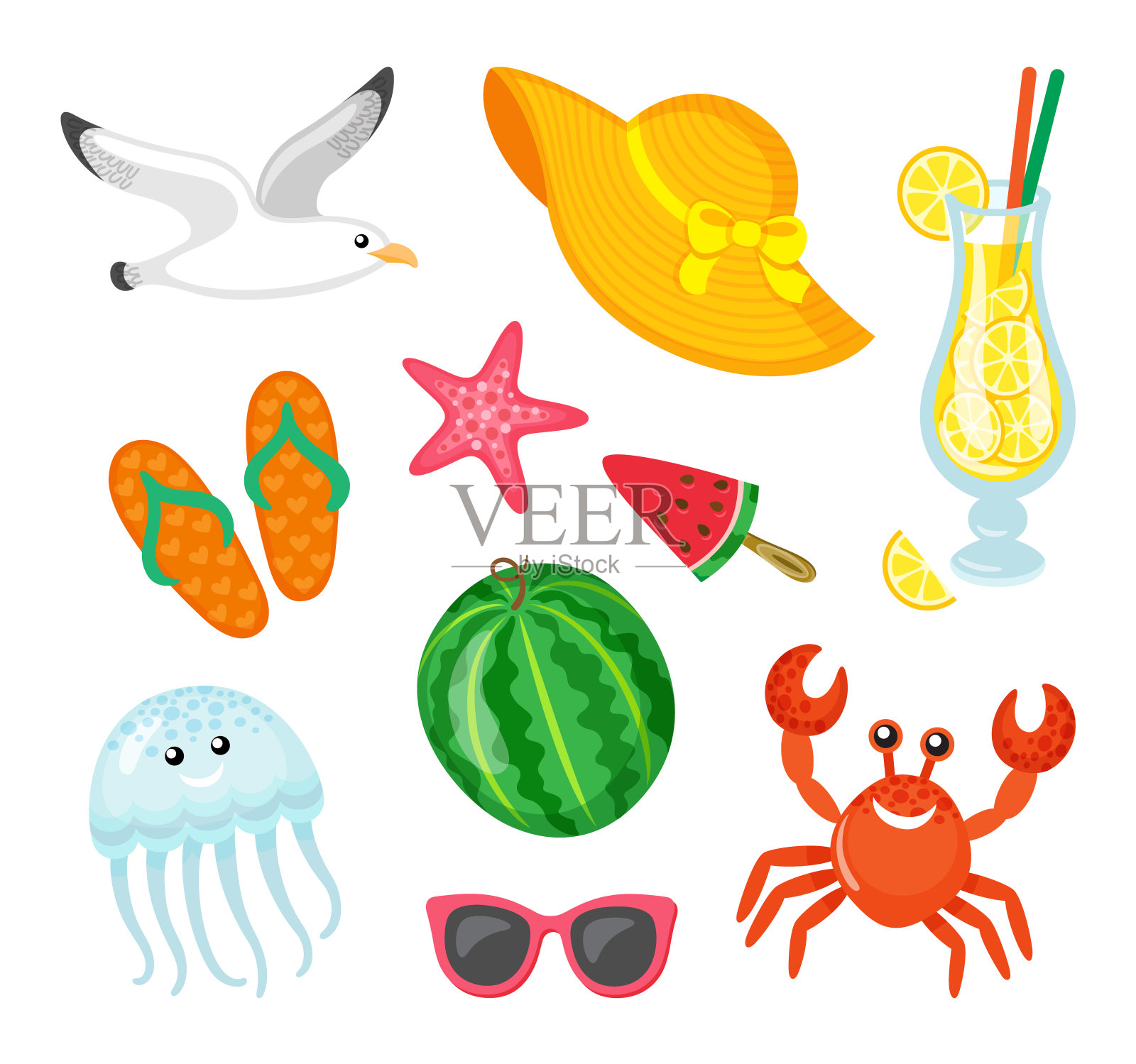 夏季旅行元素，海鲜和配件插画图片素材