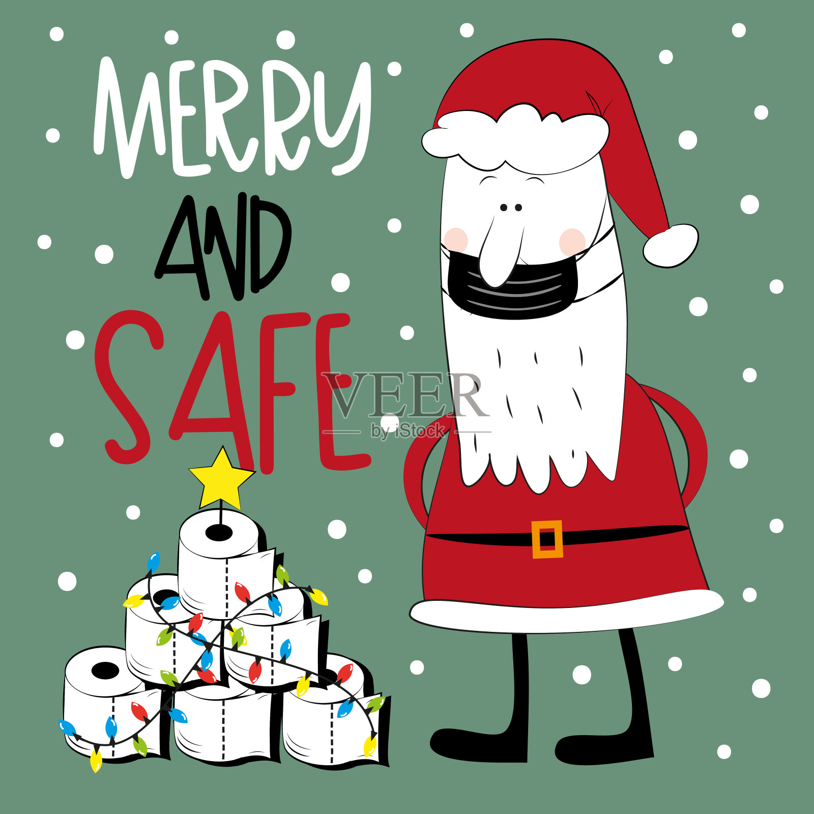 快乐和安全-圣诞老人在面具和卫生纸圣诞树。2019冠状病毒病大流行自我隔离期间的圣诞搞笑贺卡。插画图片素材