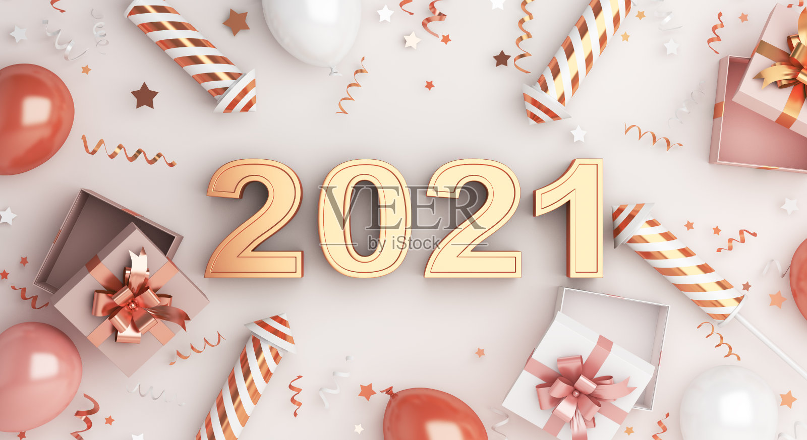新年快乐2021文字背景概念礼盒，烟花火箭，气球，丝带，3D渲染插图照片摄影图片
