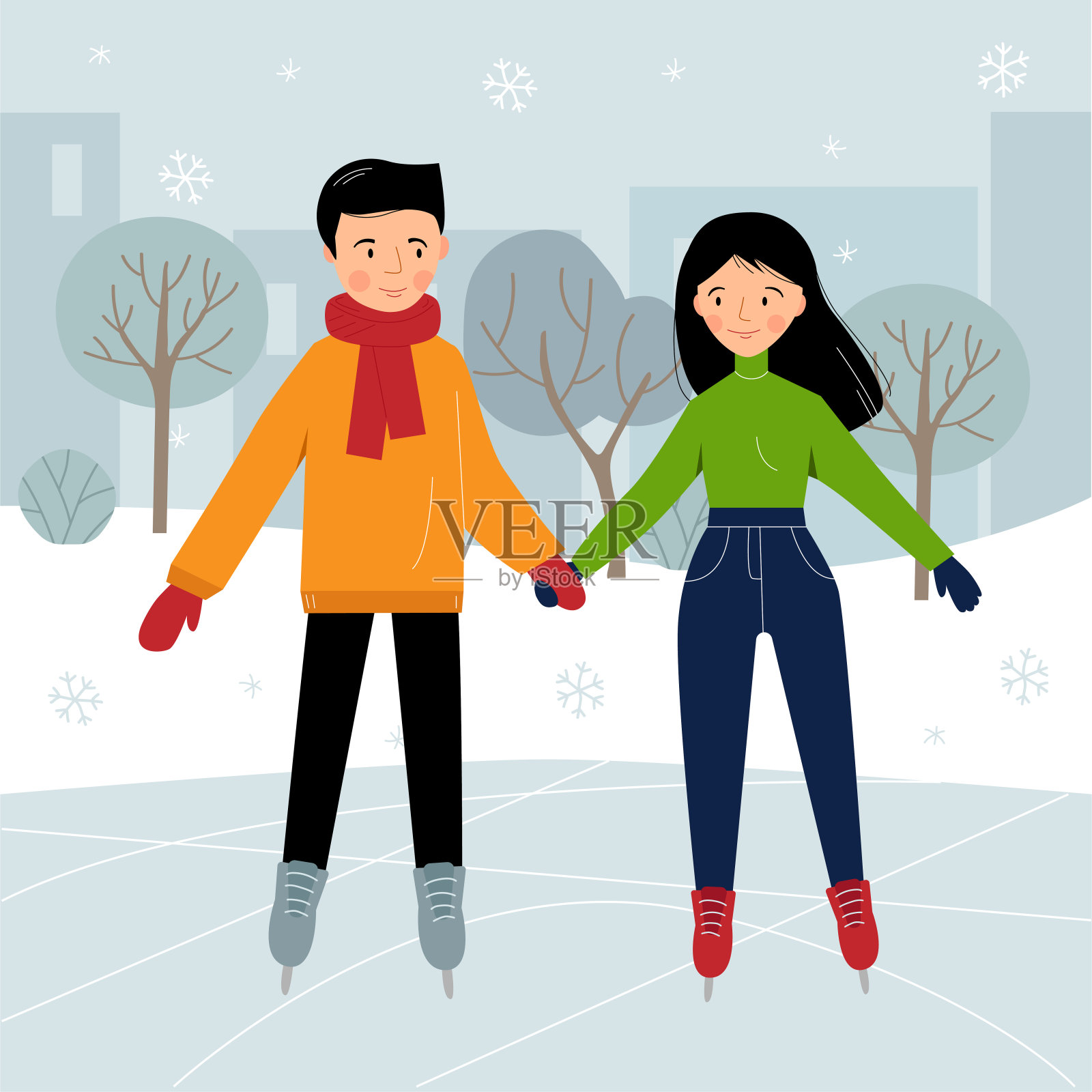 一对夫妇在公园的溜冰场上。男孩和女孩滑冰。冬天的乐趣。平面设计的矢量插图。插画图片素材