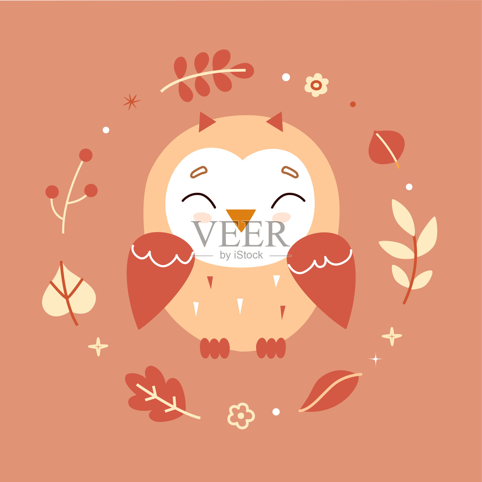可爱的小猫头鹰，极简的平面风格与花环的秋天树叶。向量。设计元素图片