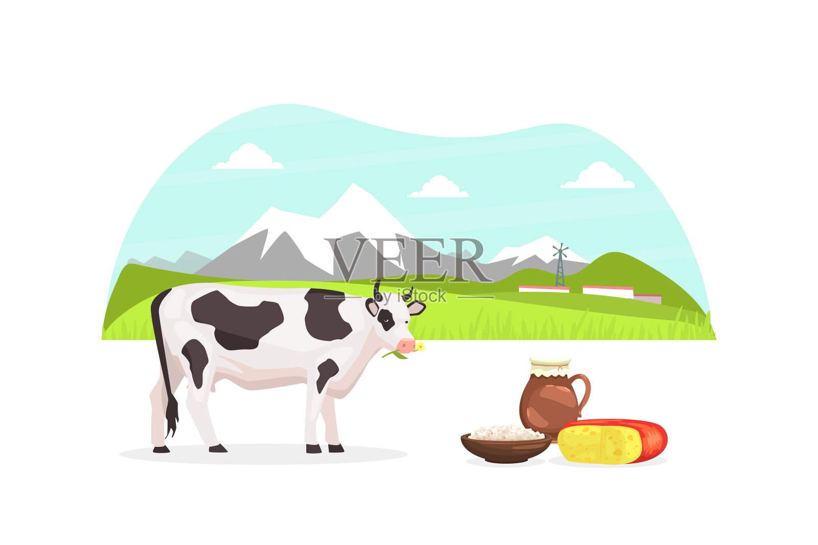 夏天田园山景和奶牛放牧设计元素图片