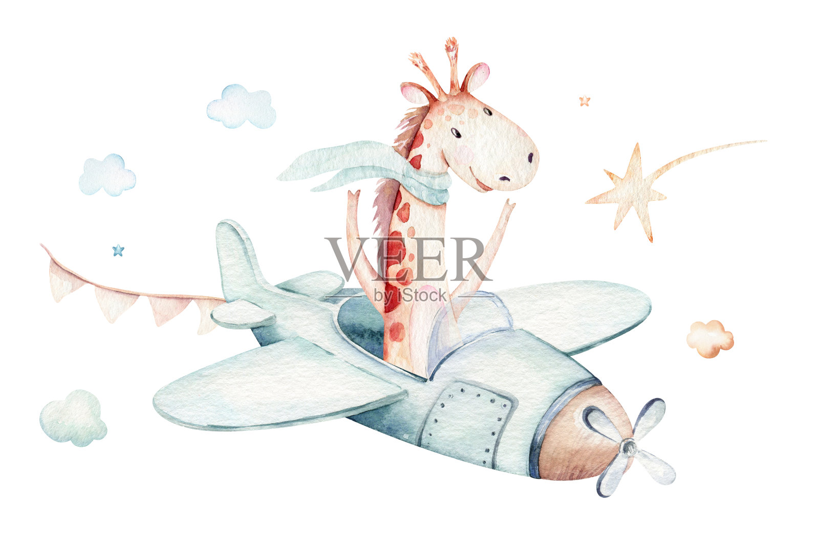 水彩画宝宝卡通可爱的飞行员航空背景插图花哨的天空运输完成与飞机，气球，云彩。幼稚的男孩模式。这是婴儿派对的插图插画图片素材
