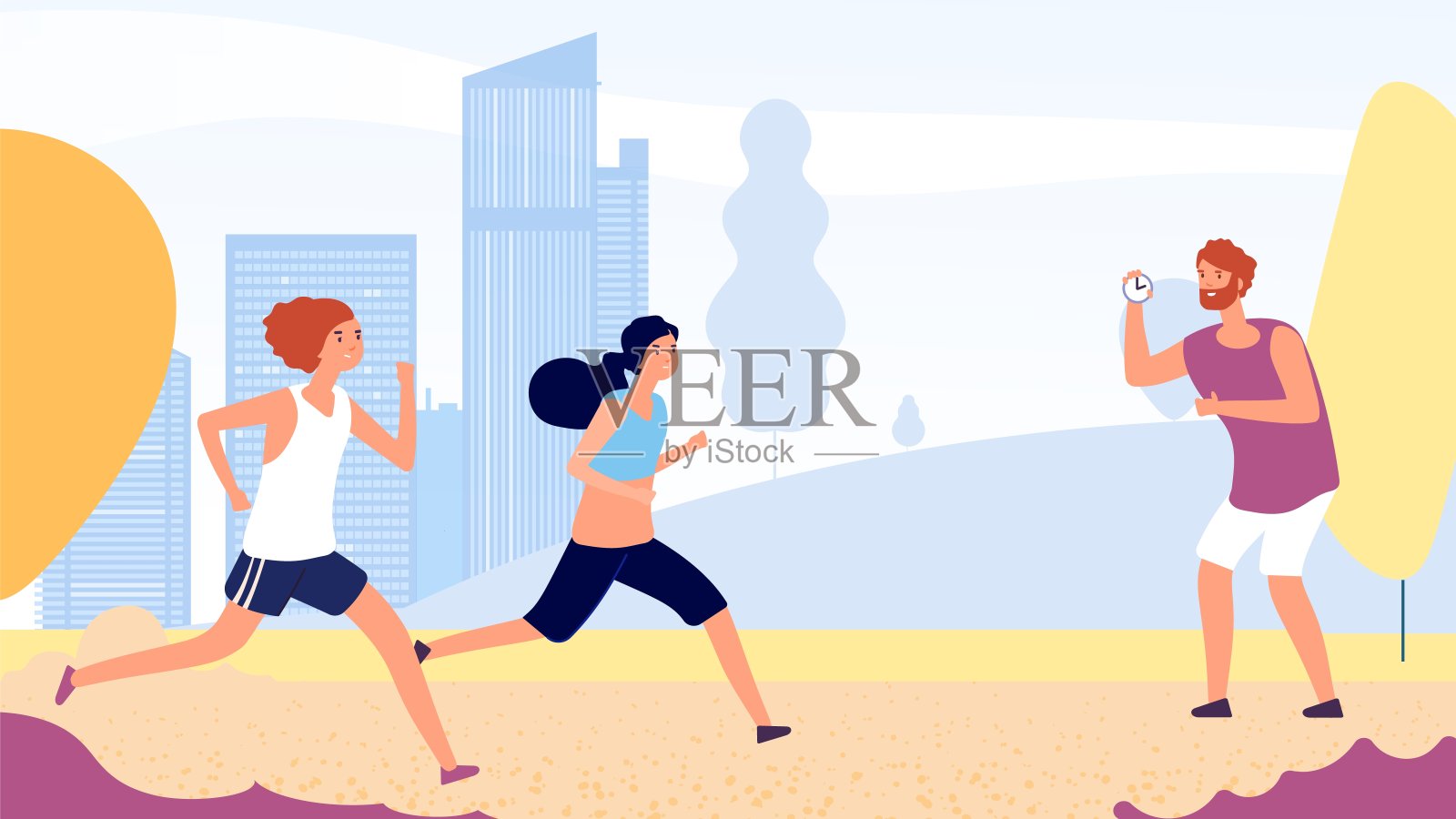 跑步训练。女性跑步竞赛矢量概念。平坦的女人在公园里跑步，教练带着秒表插画图片素材