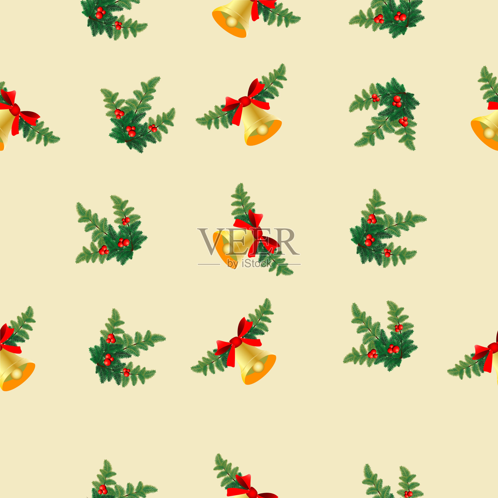 无缝图案与圣诞装饰品，铃铛，丝带和松树树枝与浆果。矢量插图。插画图片素材
