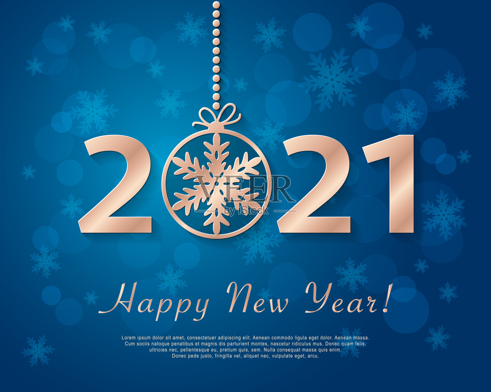 2021年新年快乐设计与金色的雪花圣诞球。插画图片素材