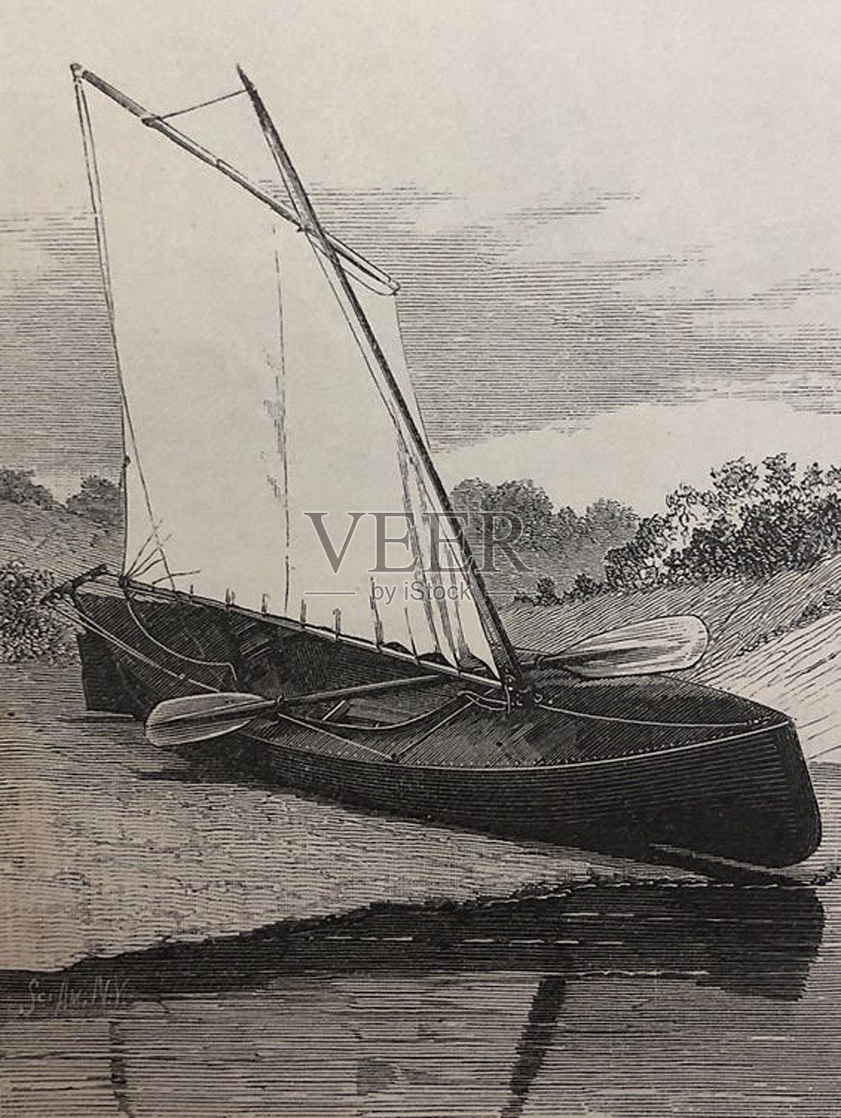 古董插图-独木舟上有帆插画图片素材