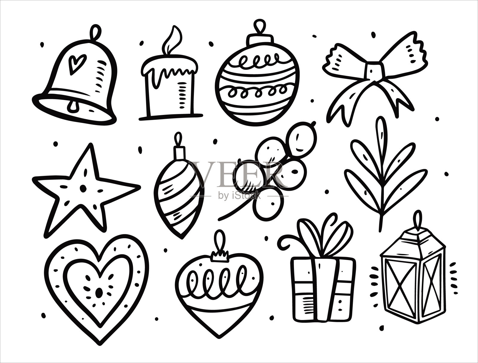 圣诞树玩具和节日元素。黑白矢量插图。插画图片素材