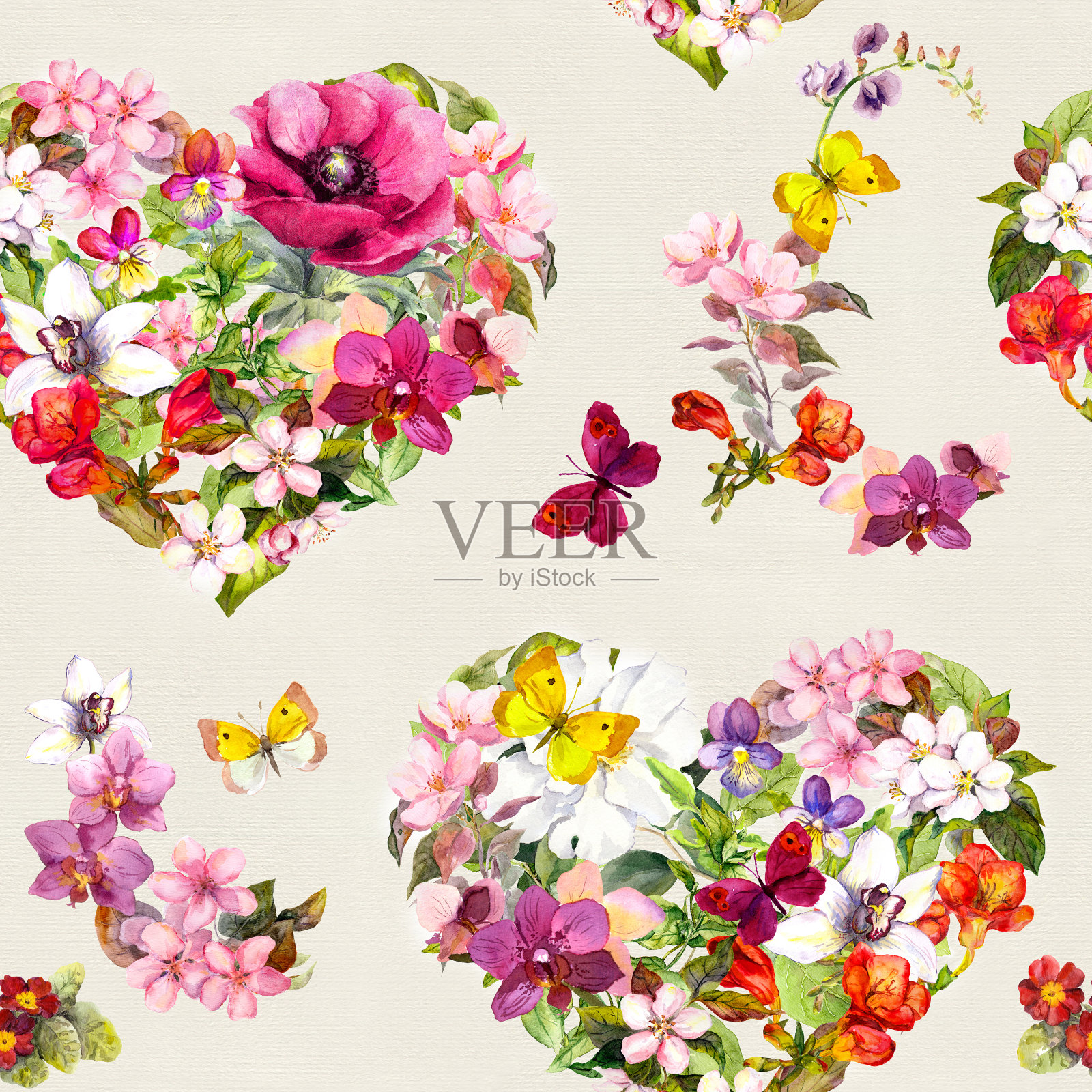 无缝的图案-花的小心脏与花，草地蝴蝶，野生草。水彩插画图片素材