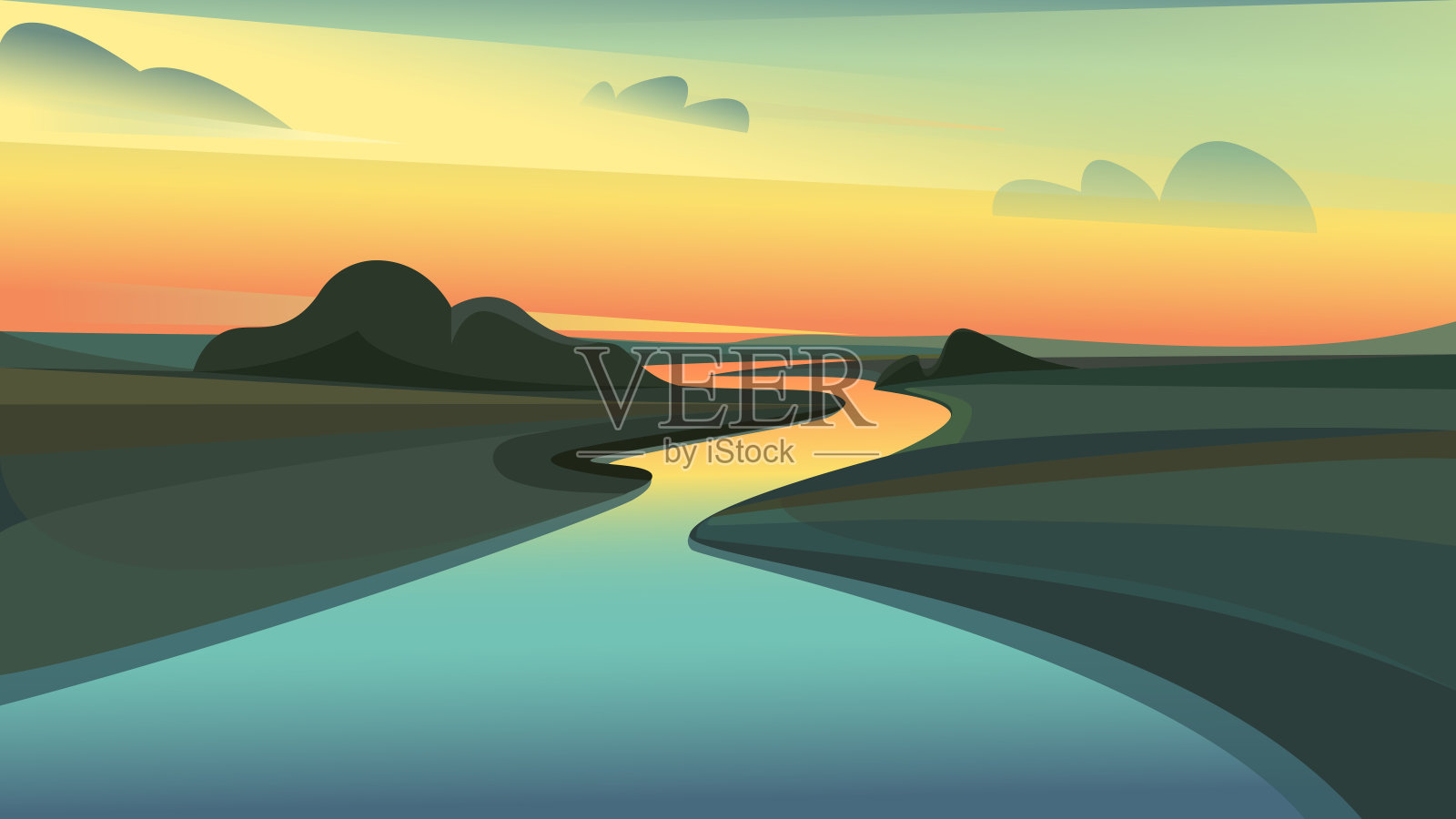 日落时的河流景观。插画图片素材