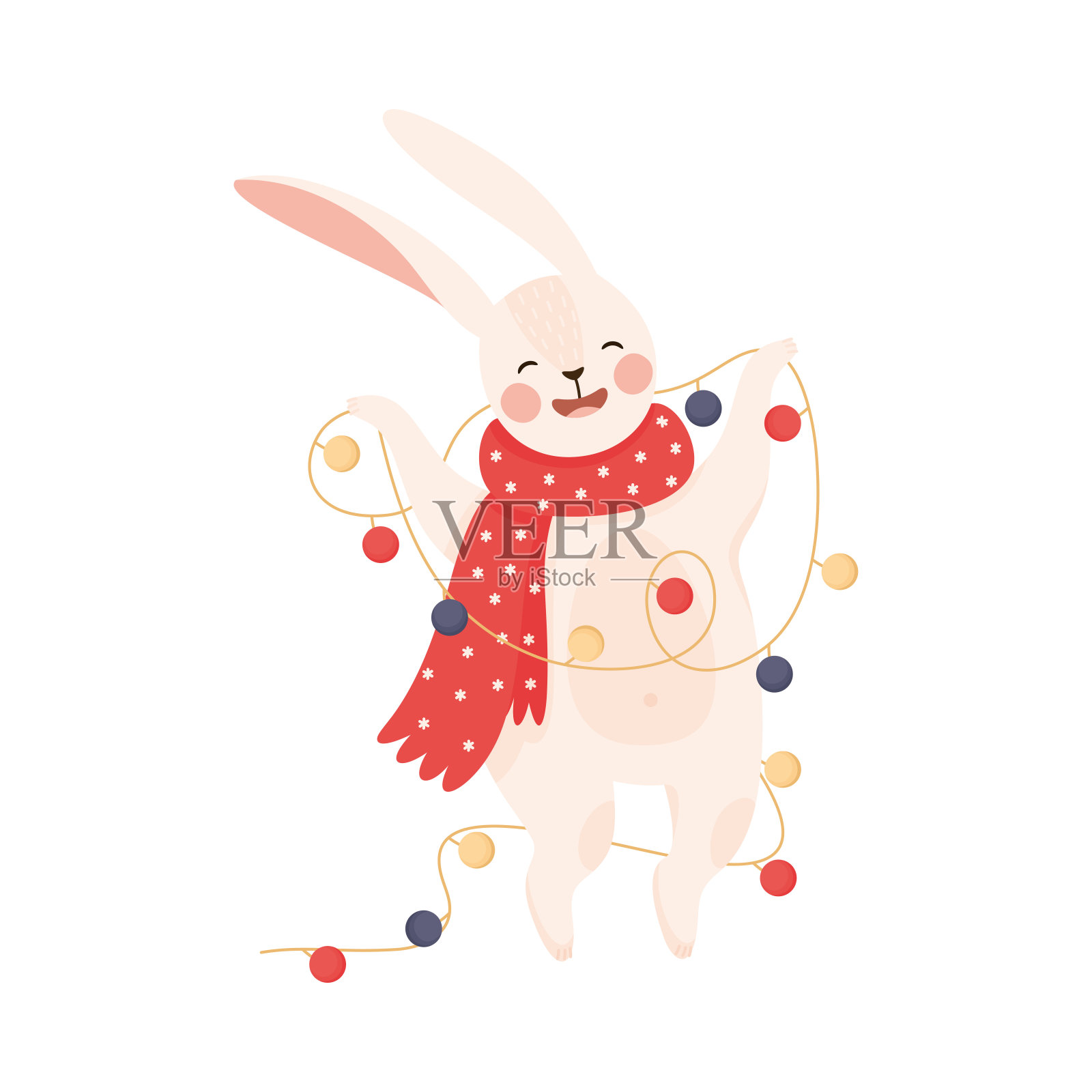 微笑野兔作为新年字符与长耳朵在温暖的围巾持有花环或圣诞树设置矢量插图插画图片素材
