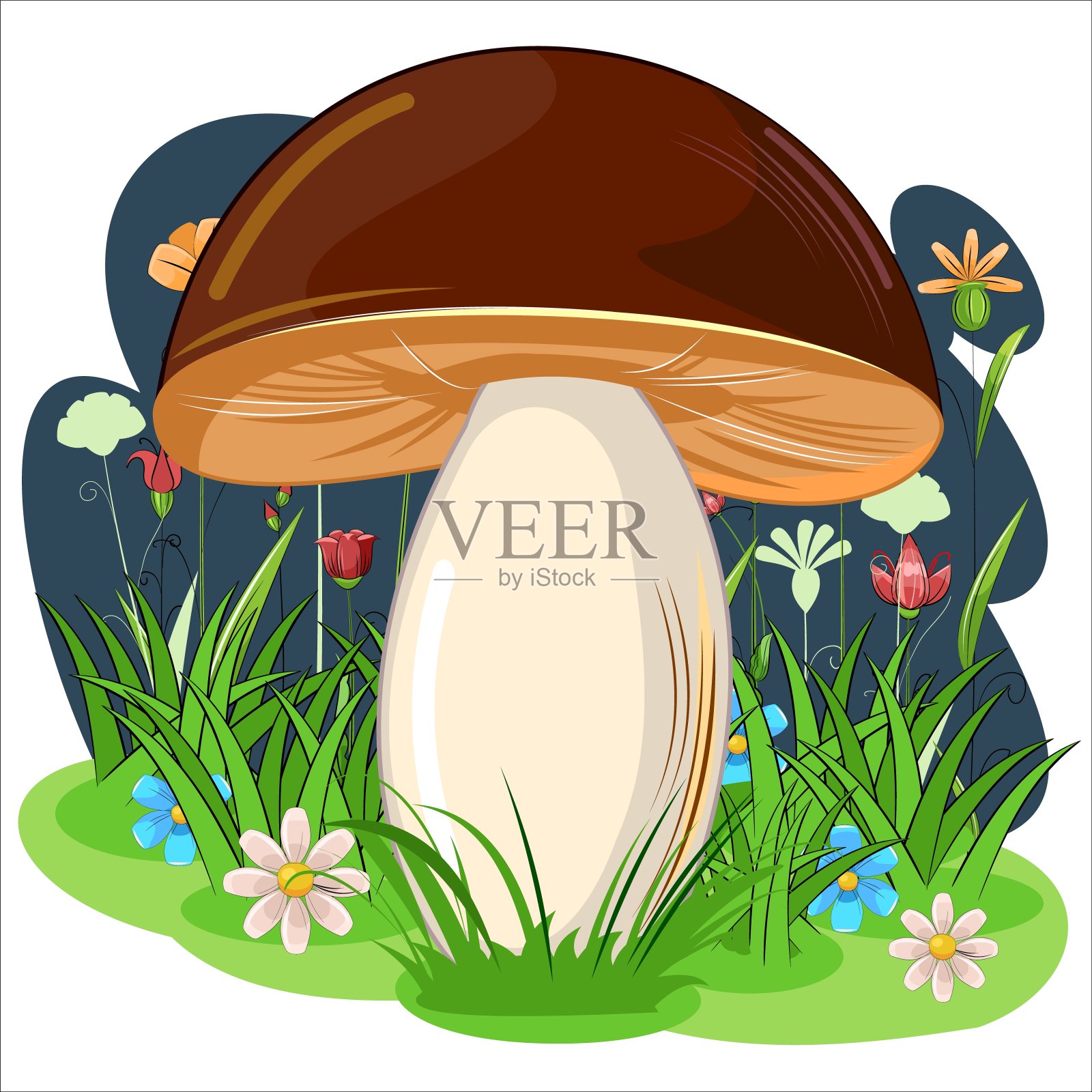 褐色的蘑菇映衬着夜晚开花的草地。卡通平的风格。野花和草。孤立在白色的。美丽的小森林蘑菇。风景。向量插画图片素材