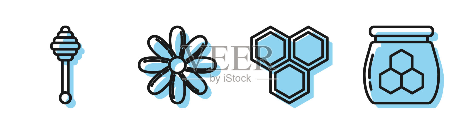 集线蜂巢，蜂蜜勺棒，花和罐蜂蜜图标。向量插画图片素材