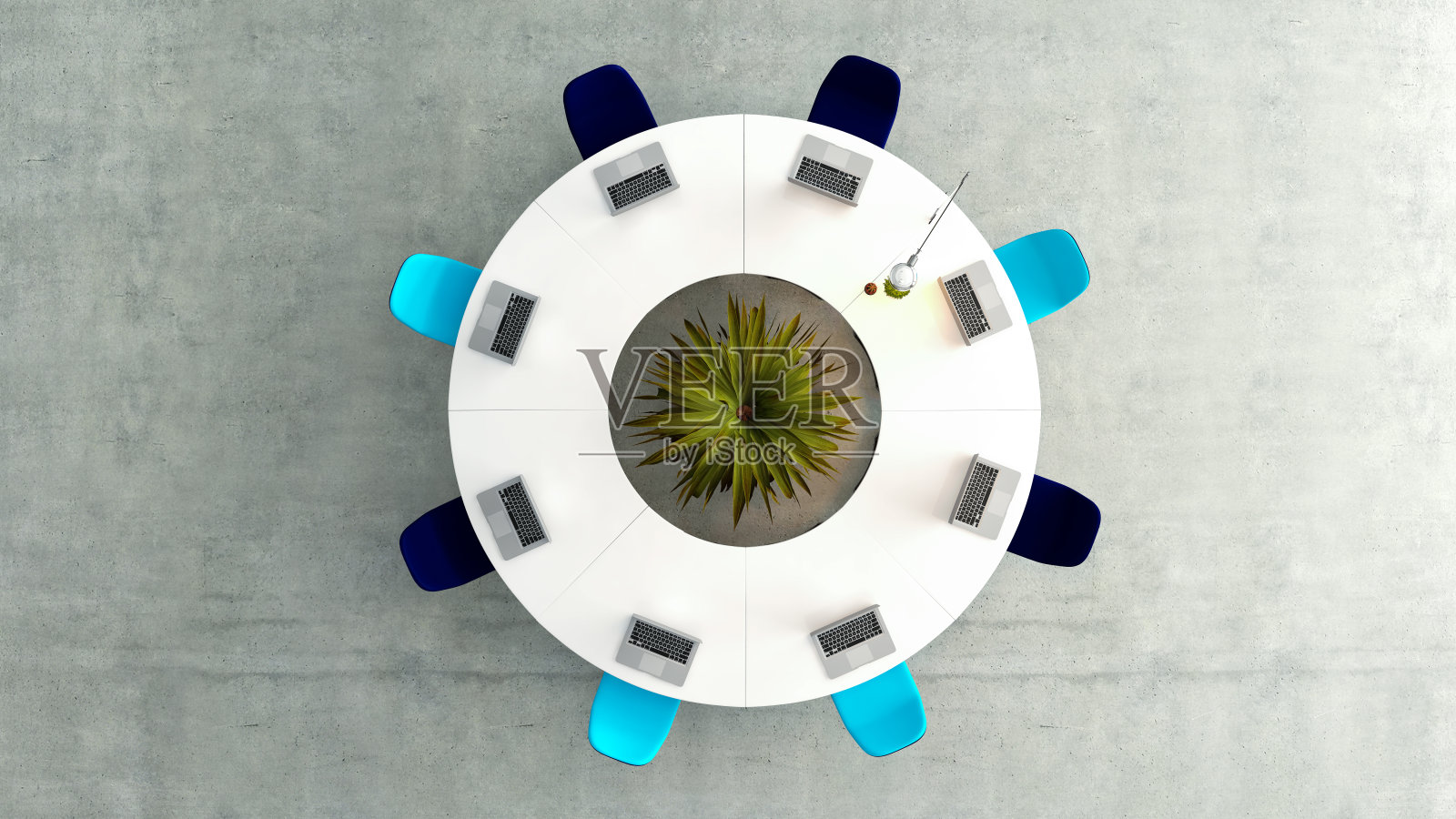 现代会议室顶视图圆形白色桌子或办公桌，浅和深蓝色椅子，混凝土地板概念3D渲染照片摄影图片