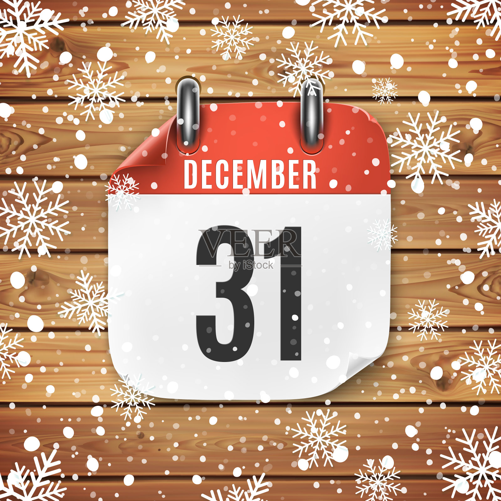 12月31日日历图标上的木头背景与雪花。插画图片素材