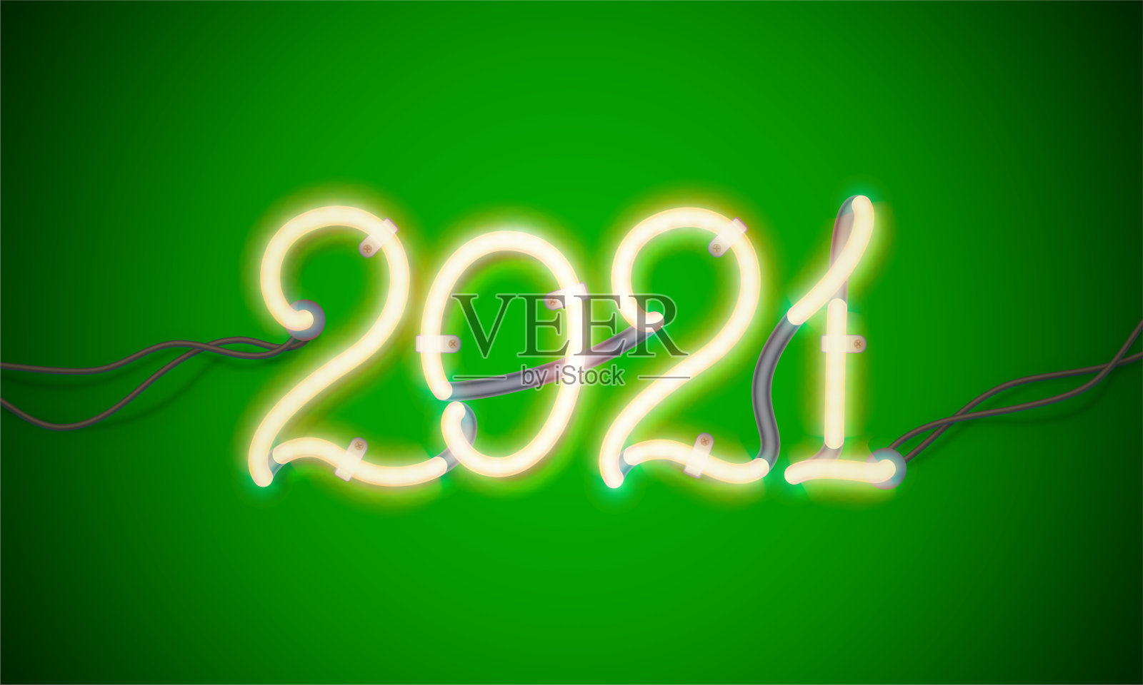 发光的霓虹灯2021与电线，管和支架。矢量元素为贺年卡，标志，日历或其他设计插画图片素材