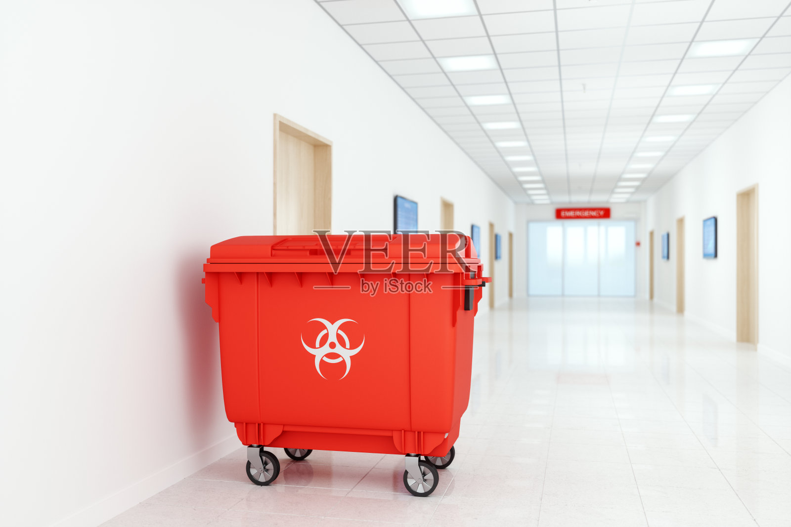医院走廊红色垃圾与医疗垃圾的生物危害标志照片摄影图片