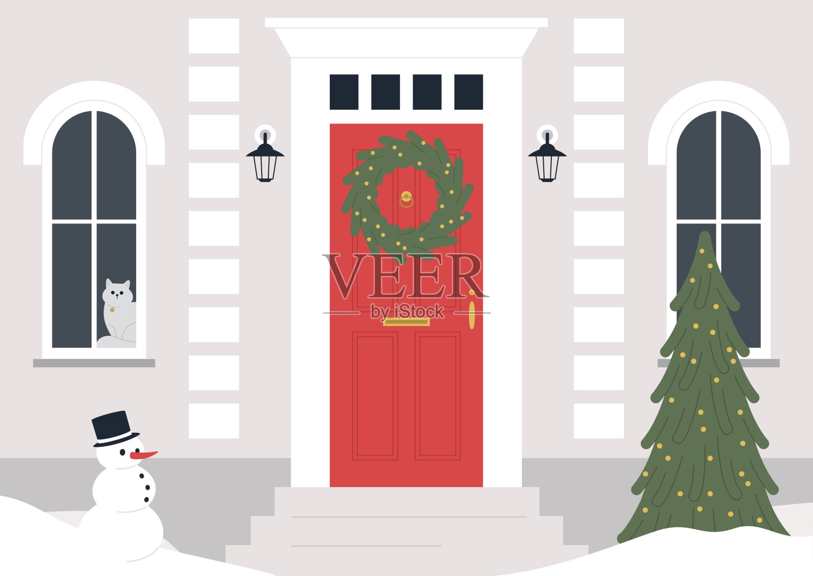 一个装饰过的建筑入口，门上一个圣诞花环，一棵圣诞树，寒假插画图片素材