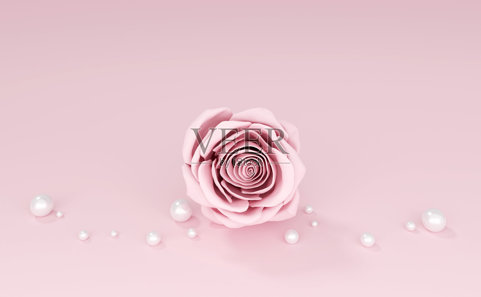 优雅的粉红玫瑰和珍珠与复制空间，珠子，3d渲染照片摄影图片