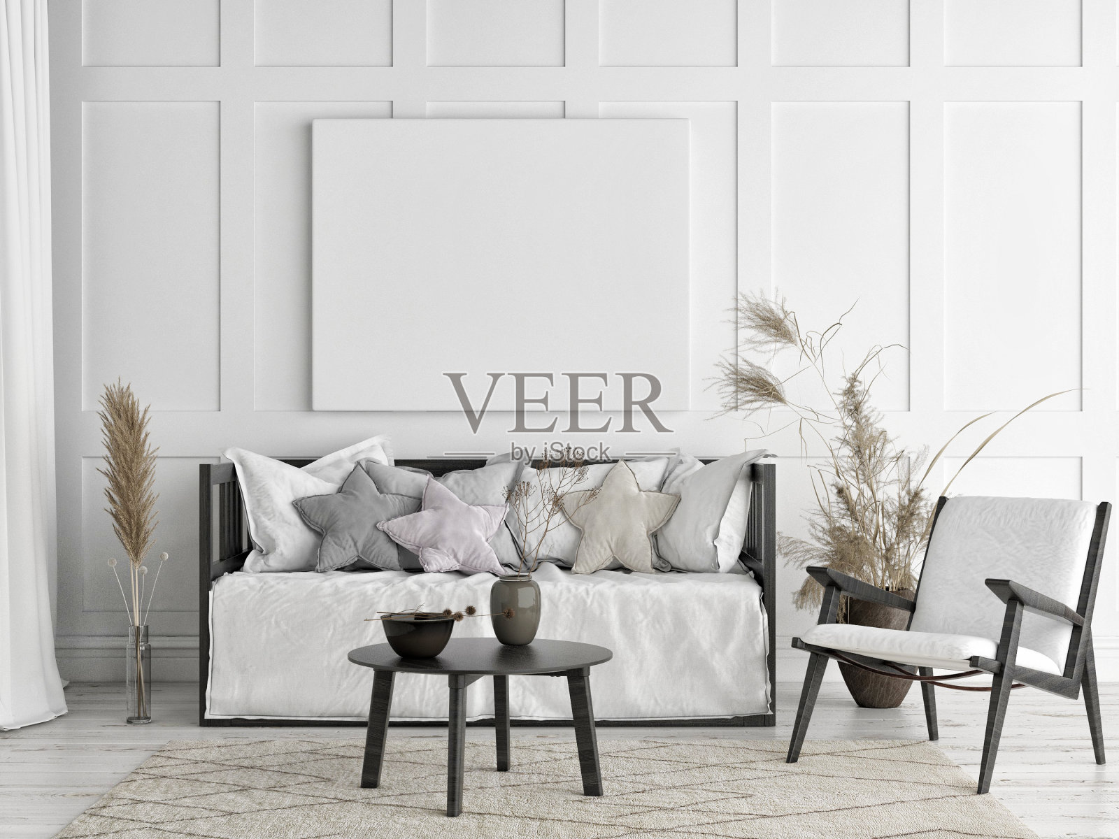 海报模型在纯斯堪的纳维亚风格的客厅室内与家庭装饰照片摄影图片