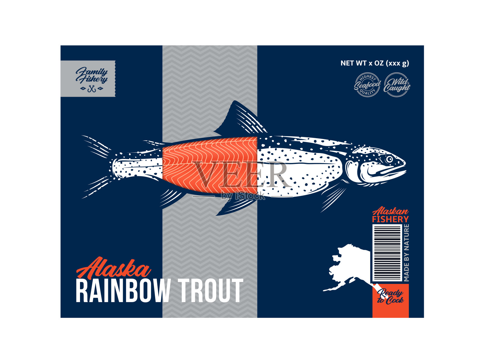 矢量虹鳟鱼包装或标签设计插画图片素材