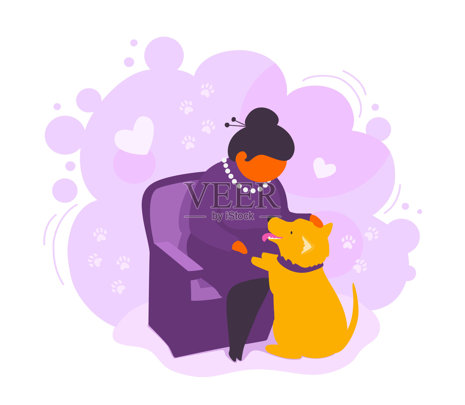 一位年长的成年妇女抚摸着她的狗。优雅的退休女士喜欢她的宠物。一位上了年纪的小狗主人坐在扶手椅上。插画图片素材