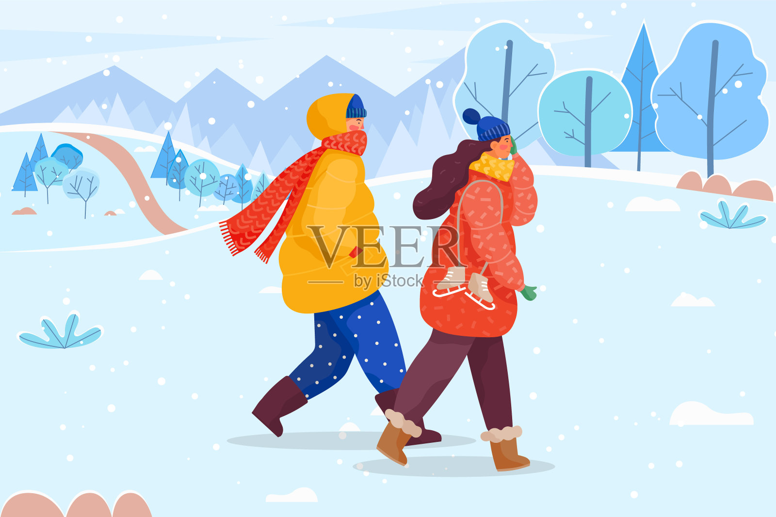 冬天，人们穿着暖和的衣服在草坪上散步插画图片素材