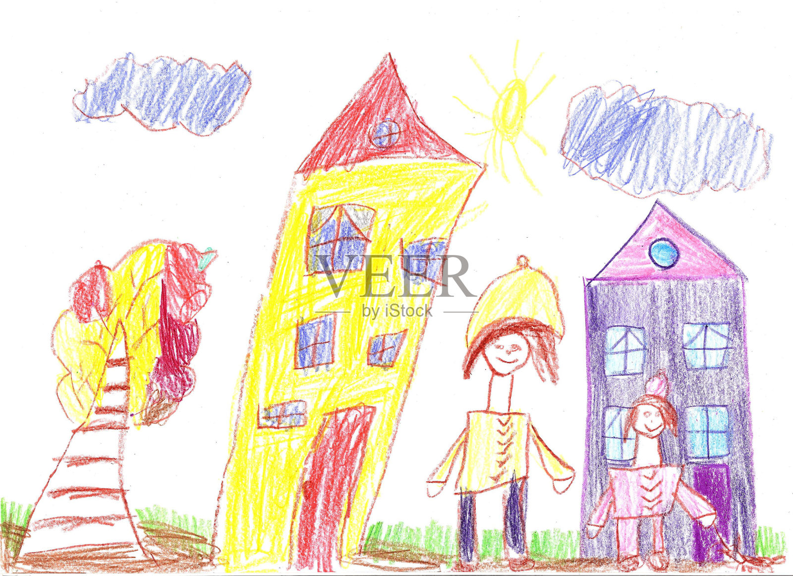 孩子画的一个快乐的家庭在户外散步插画图片素材