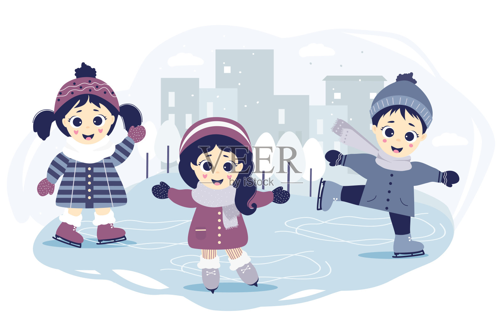 孩子们冬天。一个男孩和两个女孩在城市的一个溜冰场上滑冰，背景是蓝色的城市风景、房屋和树木。冬季运动和娱乐。向量。宝贝说明插画图片素材