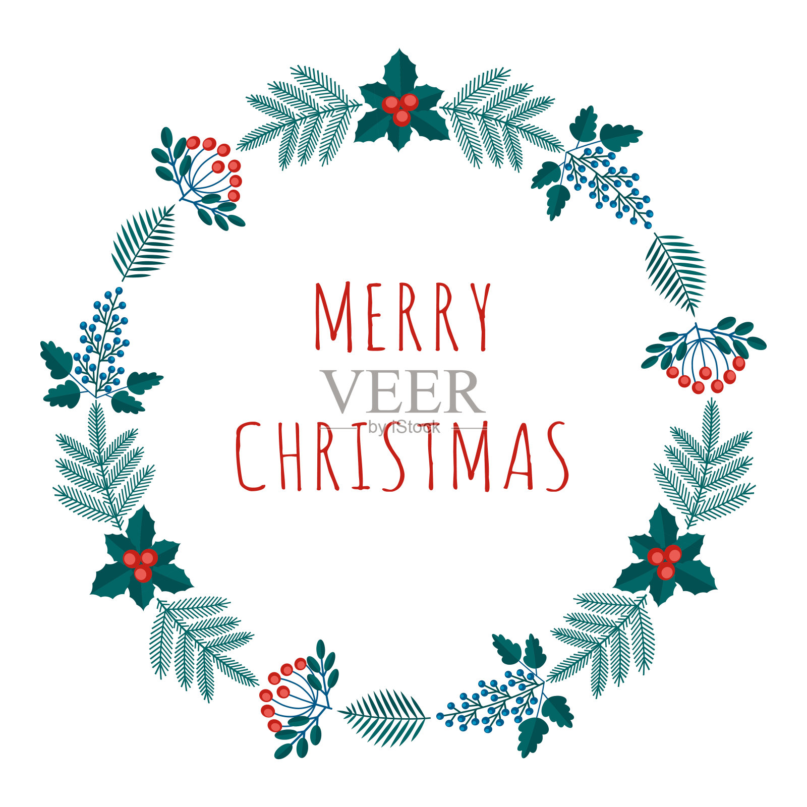 圣诞贺卡与冬季植物框架在现代扁平风格。Stock vector插图与植物符号的节日-松树，圆锥体，树枝，浆果在红色，绿色的颜色。设计元素图片