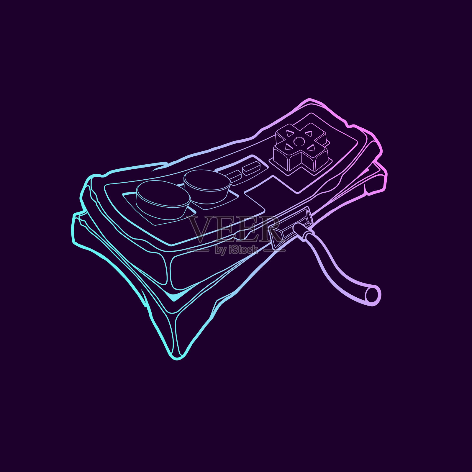经典复古的gempad图标。老式程式化的游戏控制台操纵杆上的紫色背景。插画图片素材