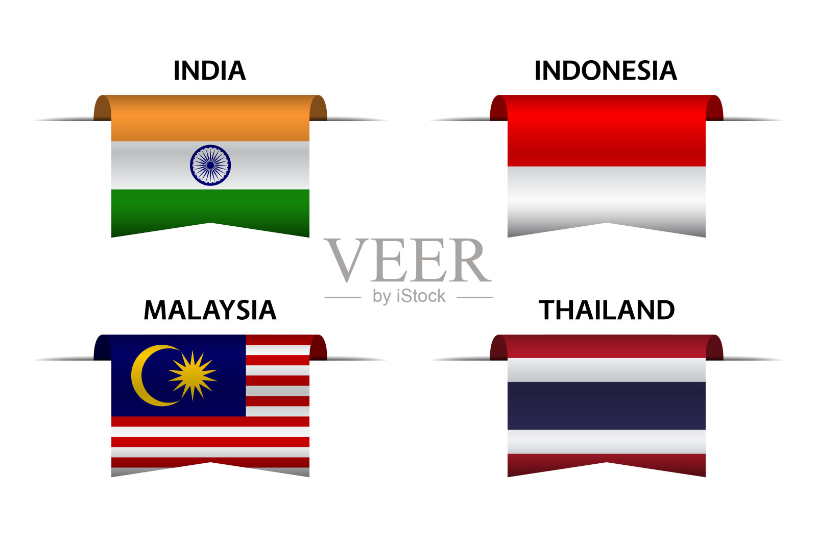 四套印度，印尼，马来西亚和泰国丝带。“印度制造”、“印尼制造”、“马来西亚制造”和“泰国制造”的贴纸和标签。带有旗帜的矢量简单图标插画图片素材