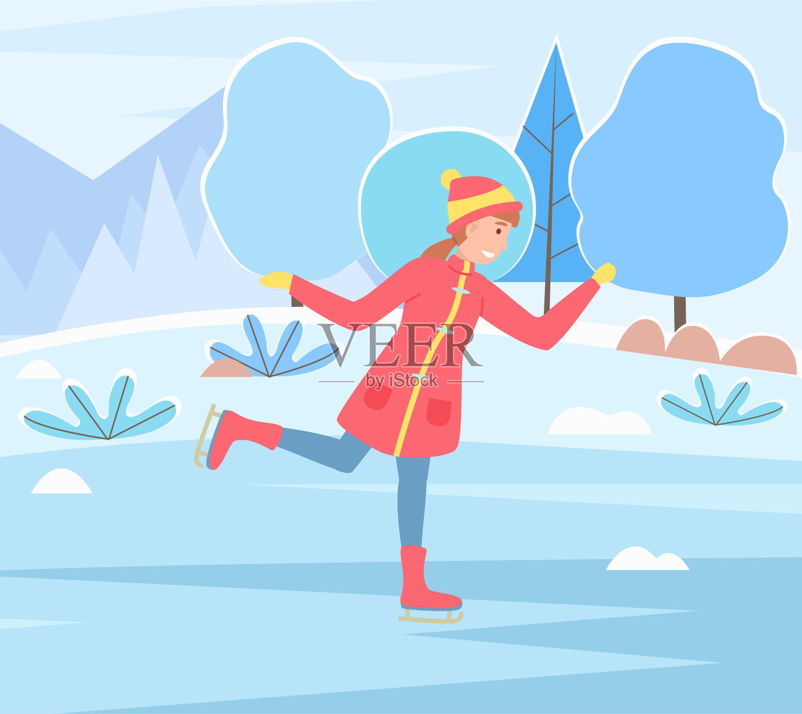 女孩穿着暖和的衣服在户外滑冰，冬季公园在后台，休闲活动，爱好插画图片素材