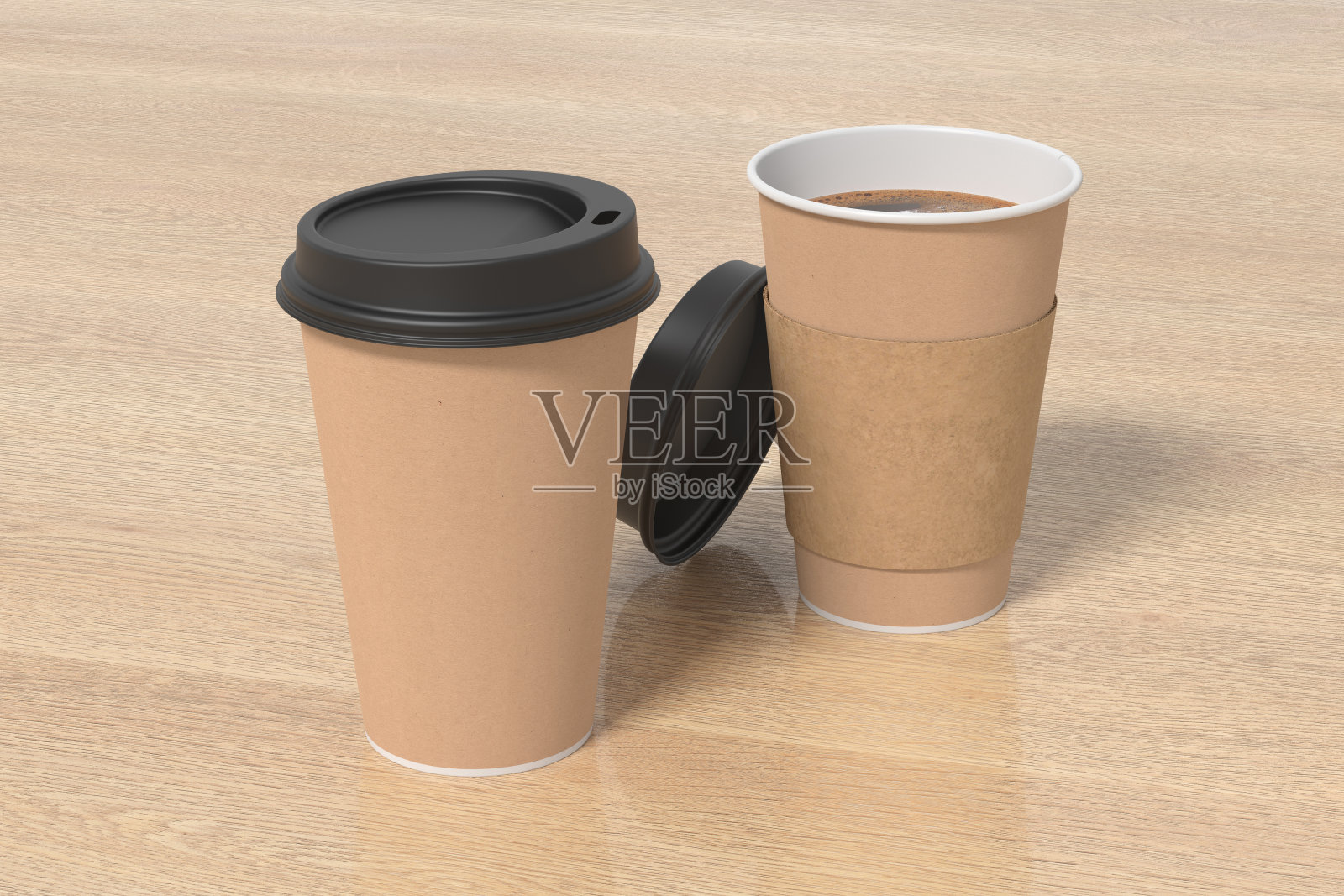 两个硬纸板带走咖啡纸杯模拟与黑色盖子在木制背景。可打开(带支架)和封闭的一次性杯子。照片摄影图片