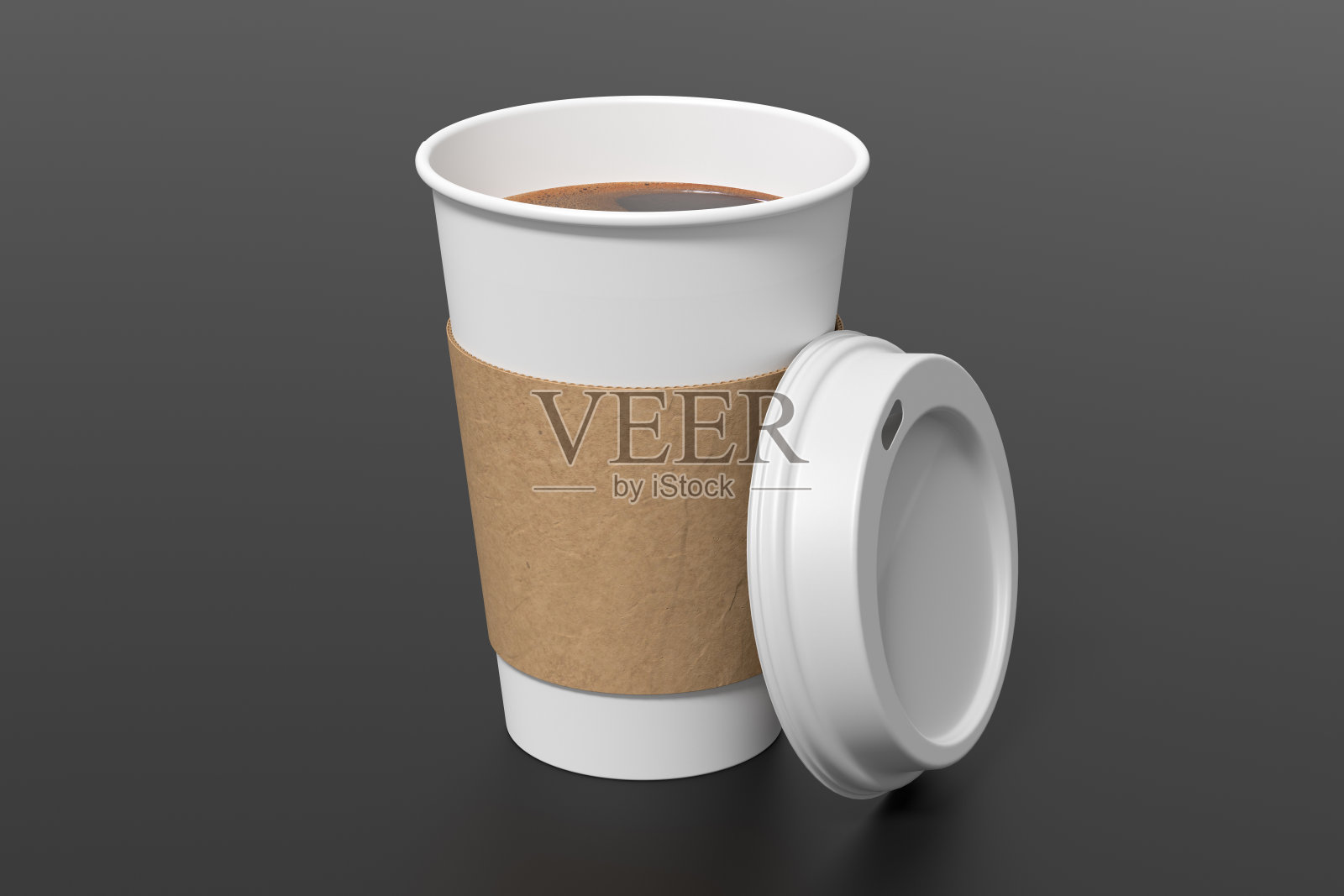 白色带走咖啡纸杯模型与打开的白色盖子与holder在黑色的背景。照片摄影图片