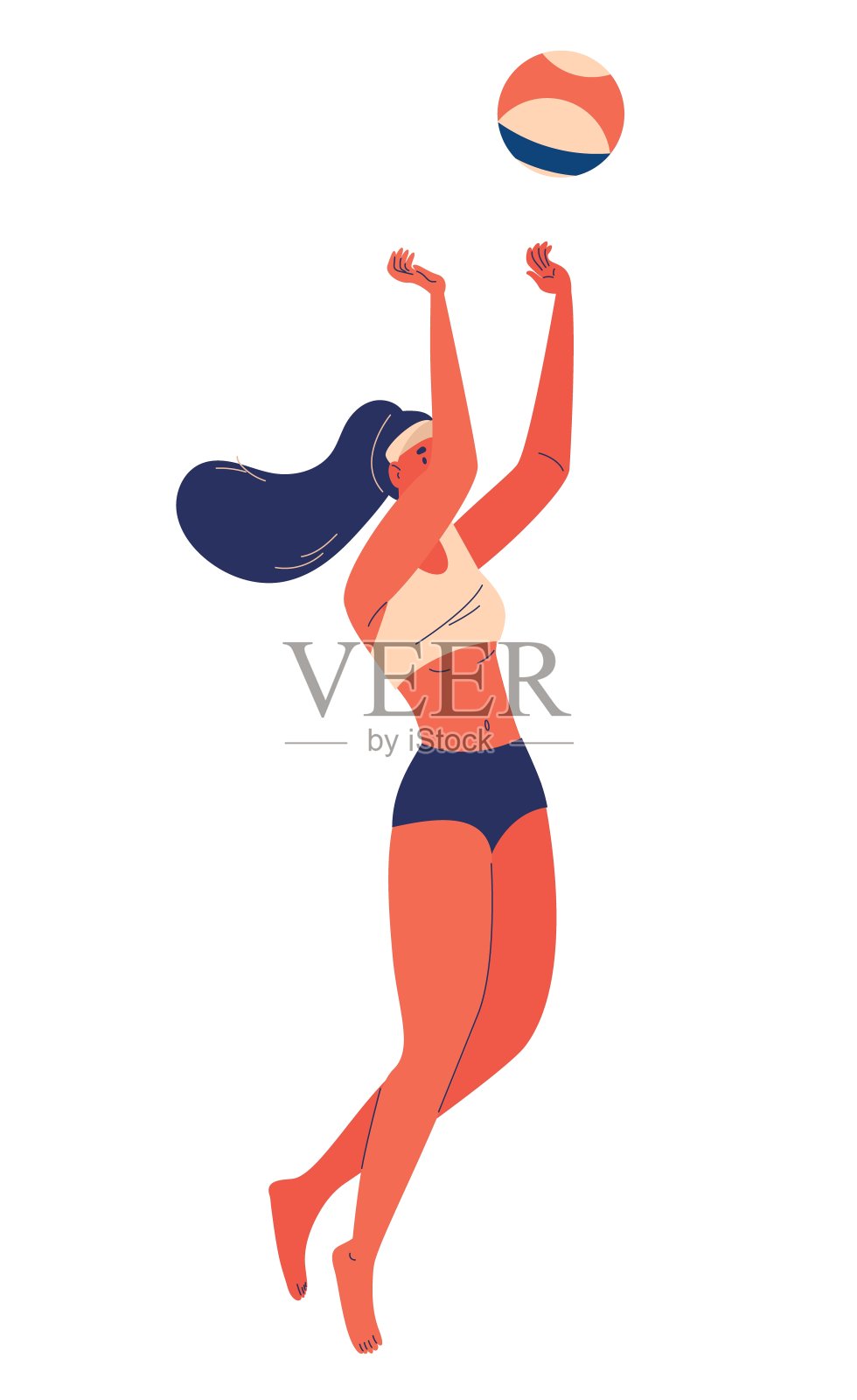 沙滩排球概念插图孤立在白色。卡通女子在泳装中跳跃插画图片素材