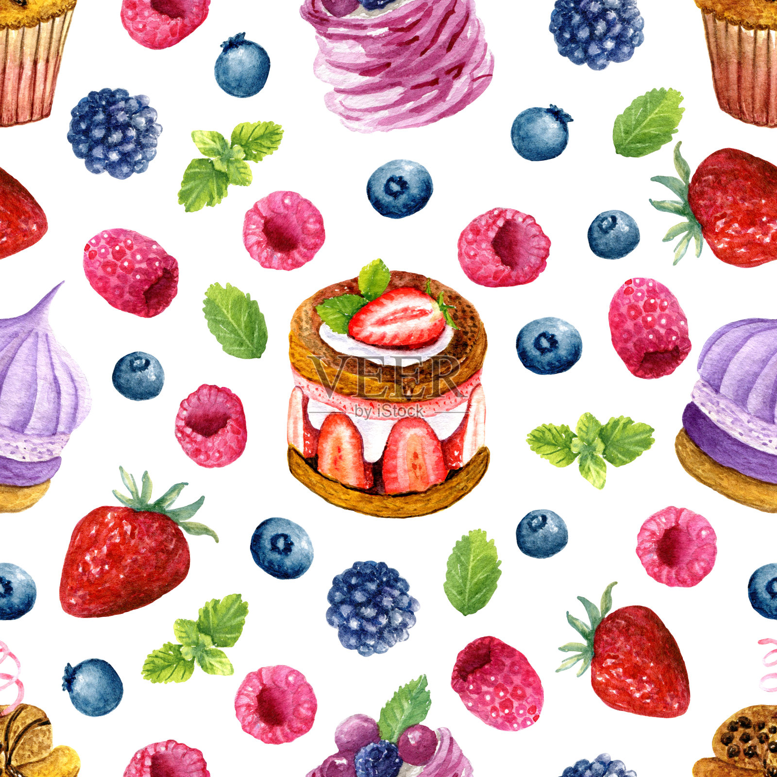 水彩甜点和浆果的无缝质感。明亮的印花与食物元素插画图片素材