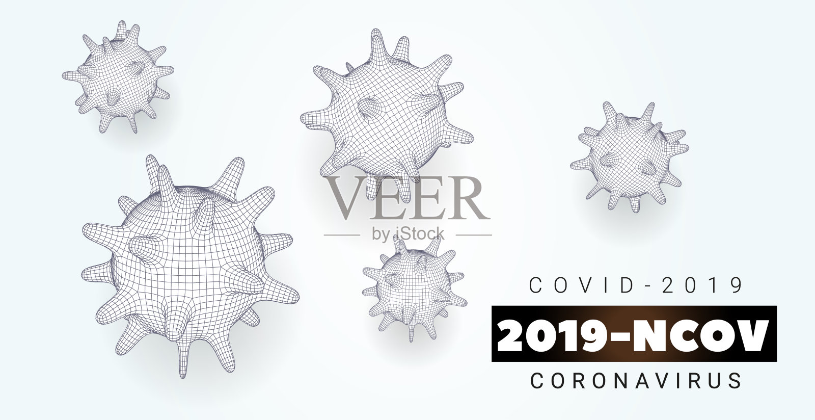 冠状病毒旗帜白色背景细菌，冠状病毒，SARS-CoV-2。新型冠状病毒的概念与多边形病毒细胞网格。3 d covid - 2019元素。矢量图插画图片素材