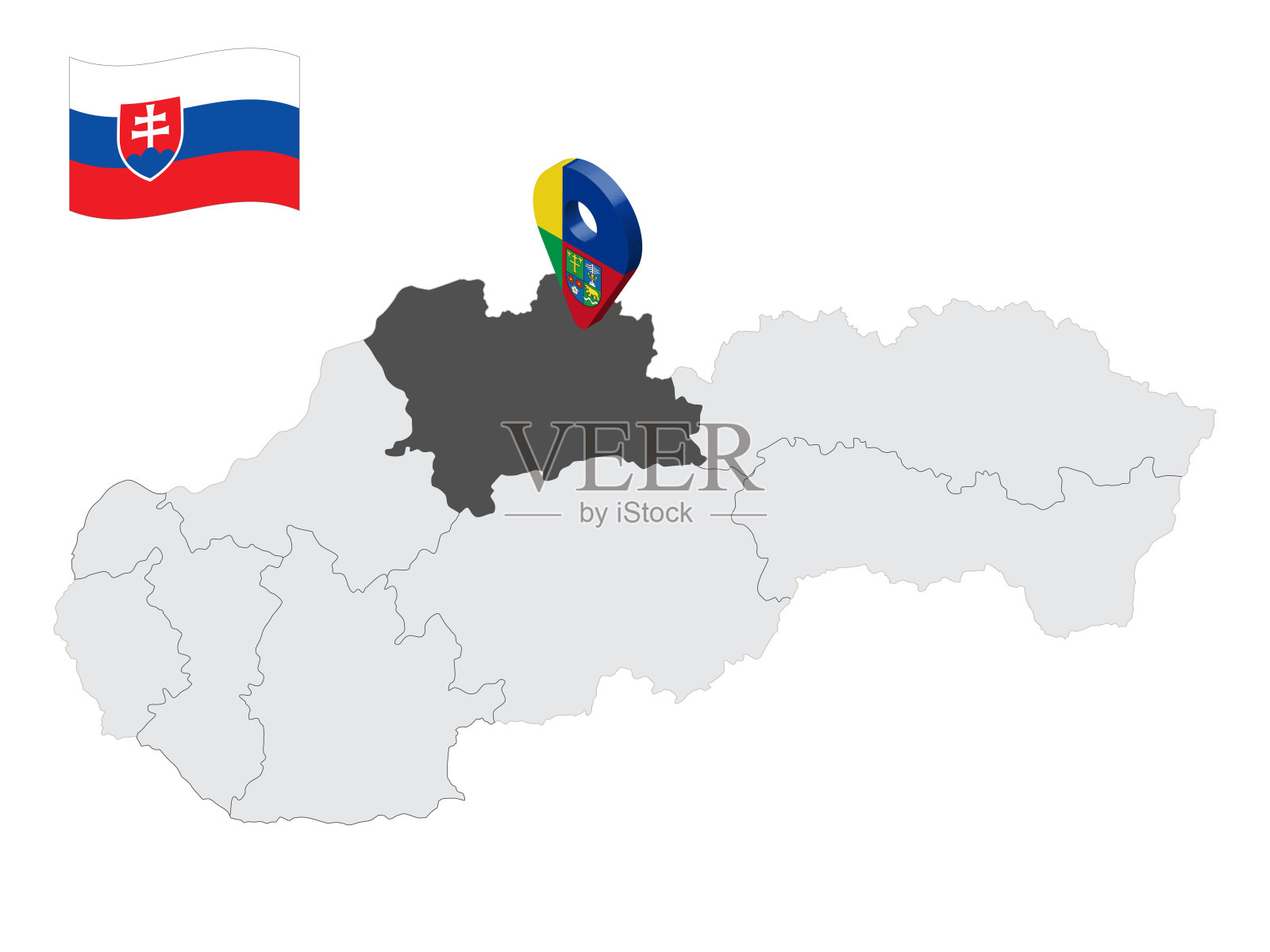 斯洛伐克地图上日利纳地区的位置。3d位置标志类似日利纳地区的旗帜。质量地图与地区的斯洛伐克为您的设计。EPS10。插画图片素材