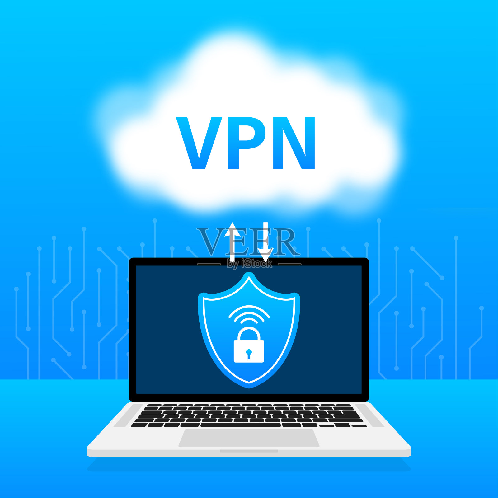 VPN平面蓝色安全标签上的白色背景。矢量插图。插画图片素材