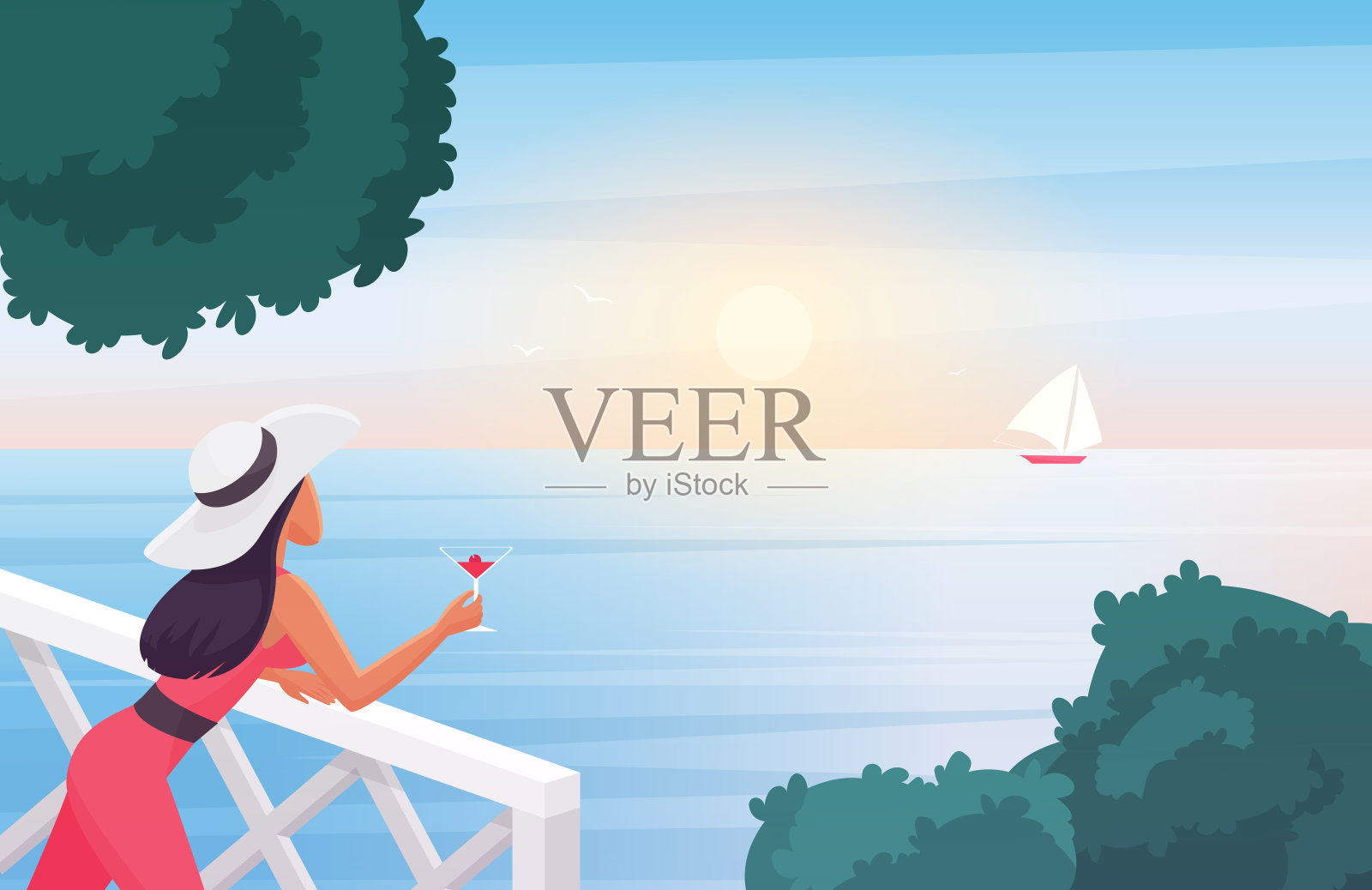 女人欣赏日落，拿着酒杯，站在露台上欣赏自然景观插画图片素材