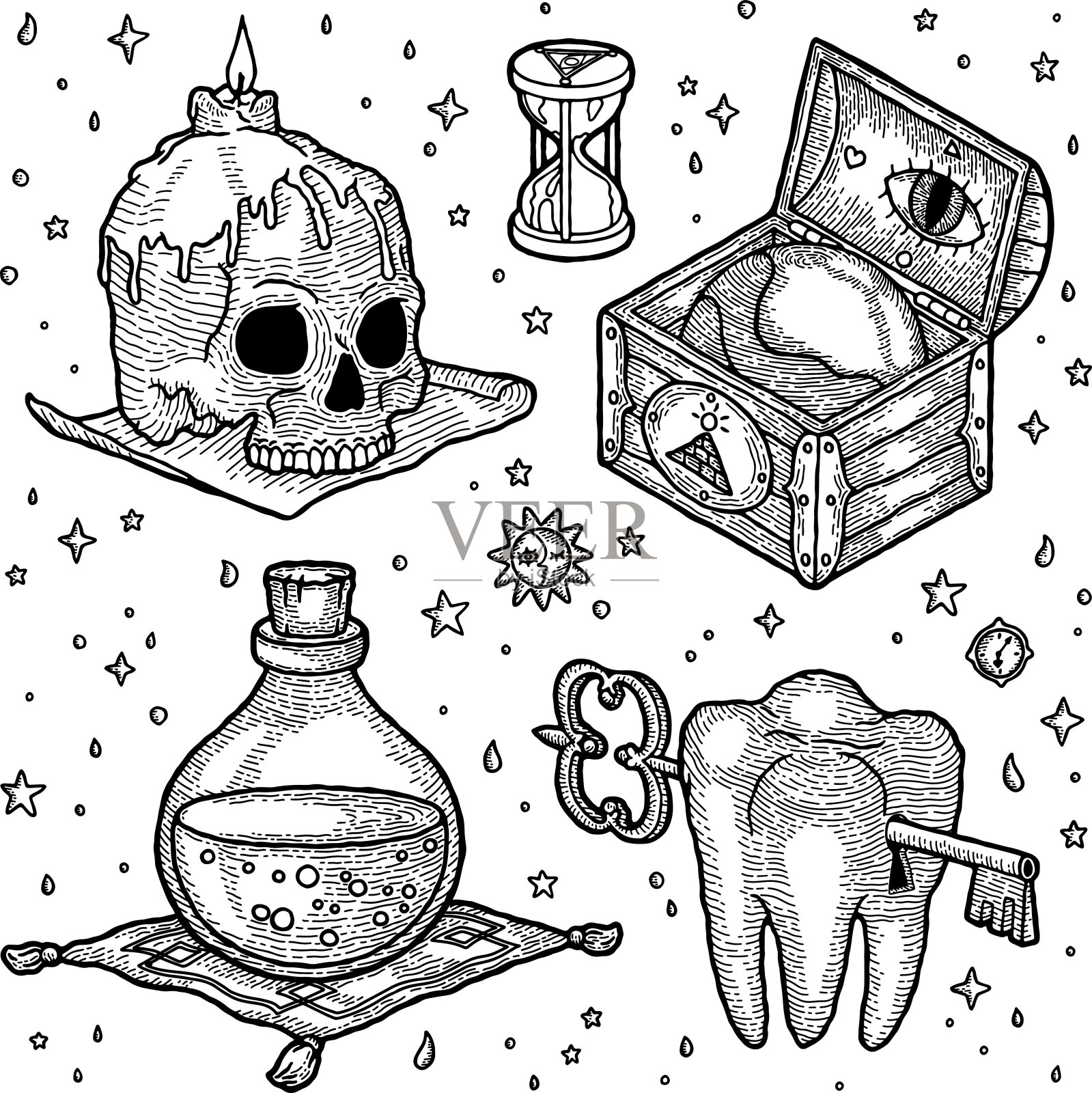向量波西元素和吉卜赛元素集在魔法风格。神秘的人类头骨和蜡烛，木制的箱子和地球仪，沙漏，地毯上的毒药瓶子和带钥匙孔的牙齿和古老的钥匙插画图片素材