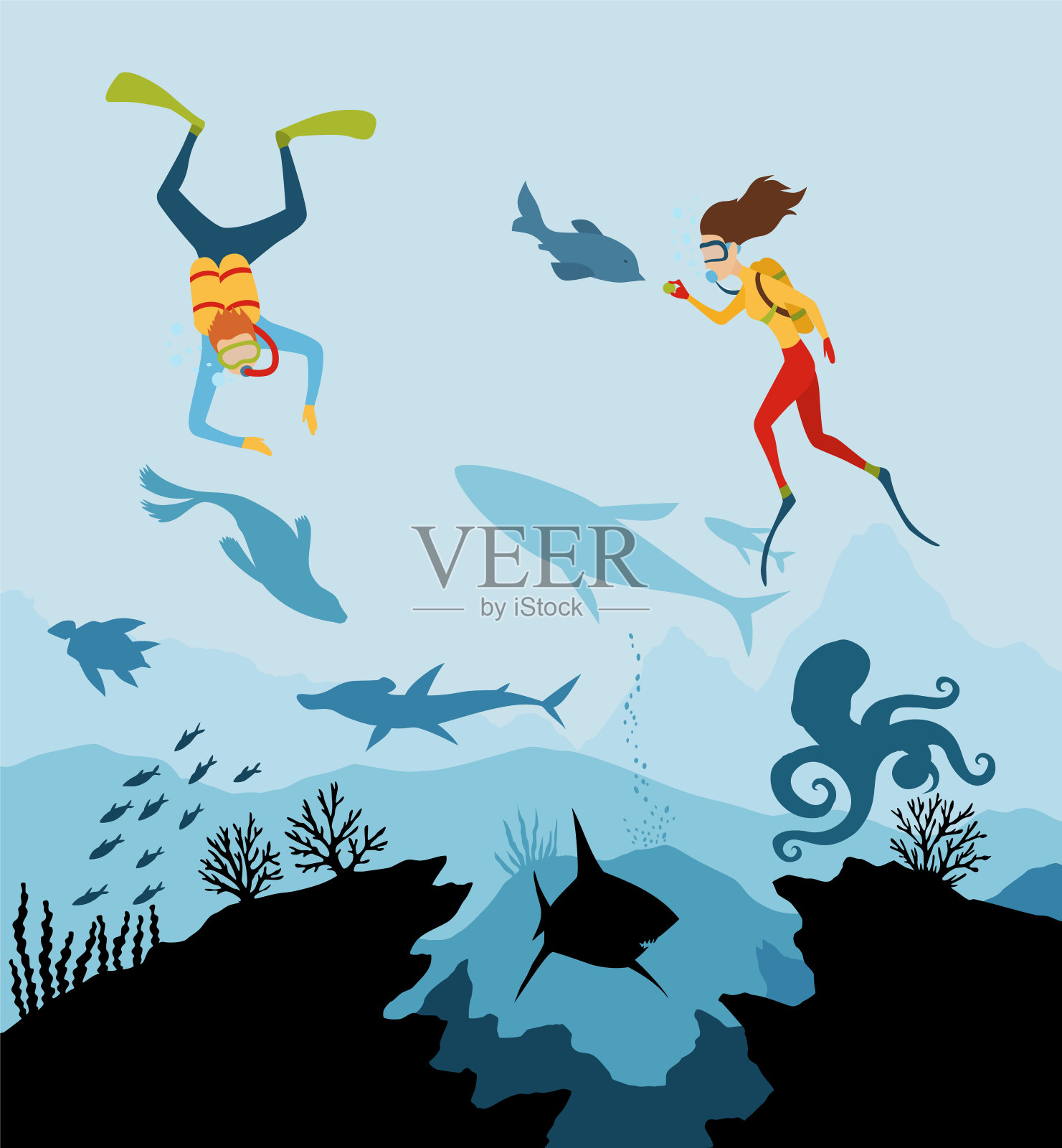 潜水员探险者和水下的珊瑚礁野生动物。珊瑚礁剪影与鱼和潜水员在蓝色的海洋背景。水下海洋野生动物。自然的矢量图插画图片素材